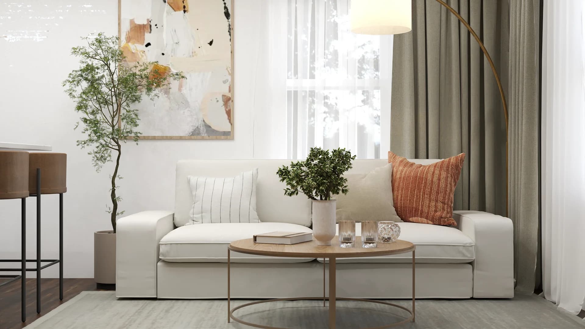 Organic modern living room with low white sofa, rust accent pillow, abstract art, and olive drapes.