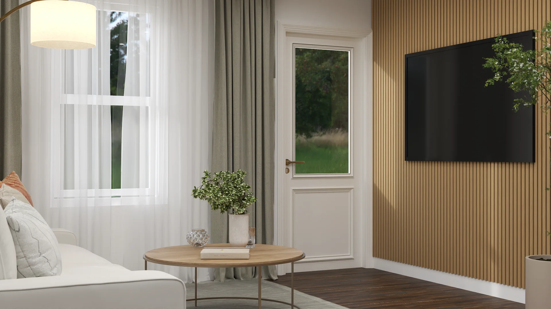 Vertical oak slat TV wall with olive sheer drapes, round oak coffee table, and paneled French door.