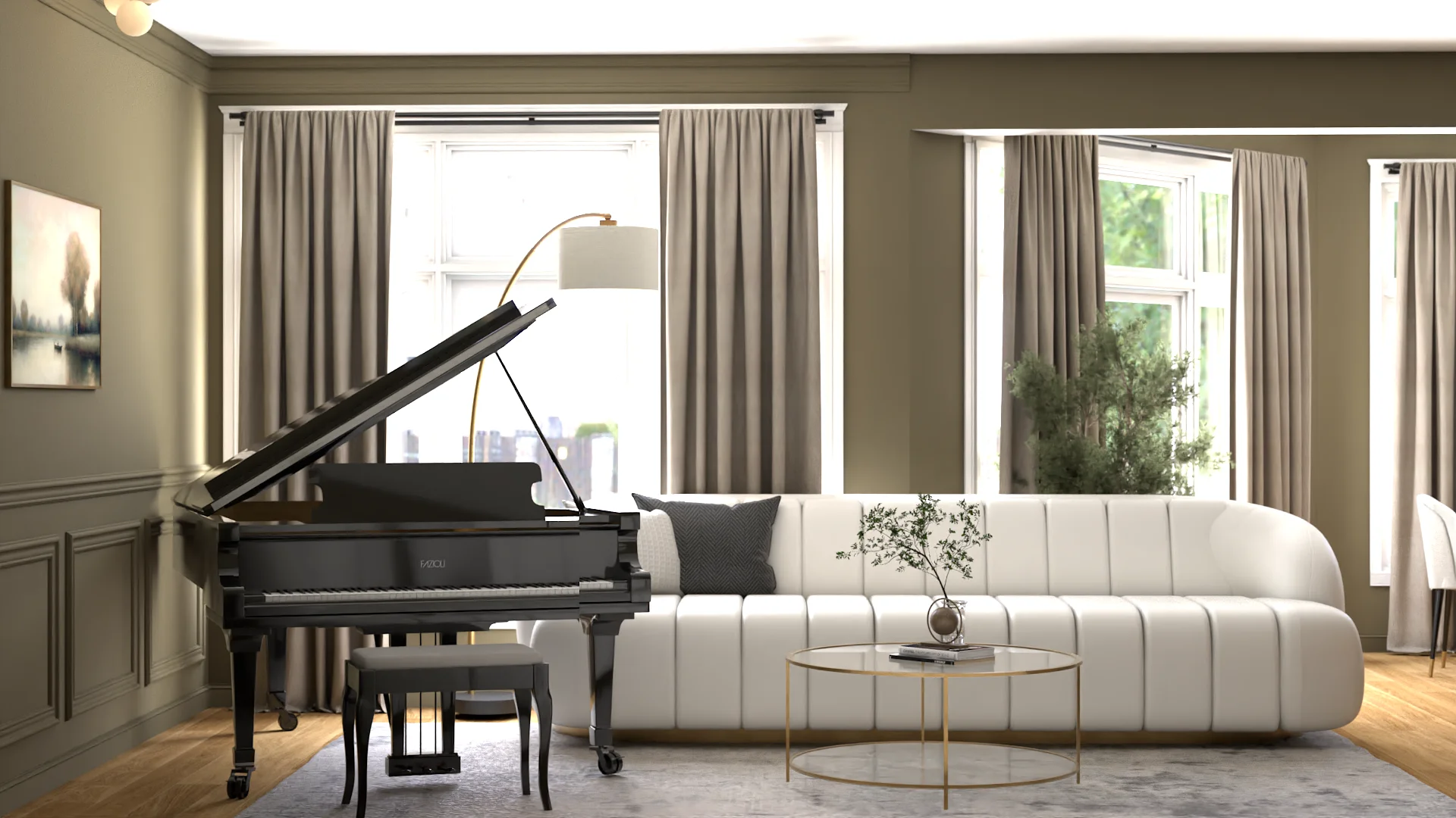 Channel-tufted sofa with brass arc lamp under tall lounge windows