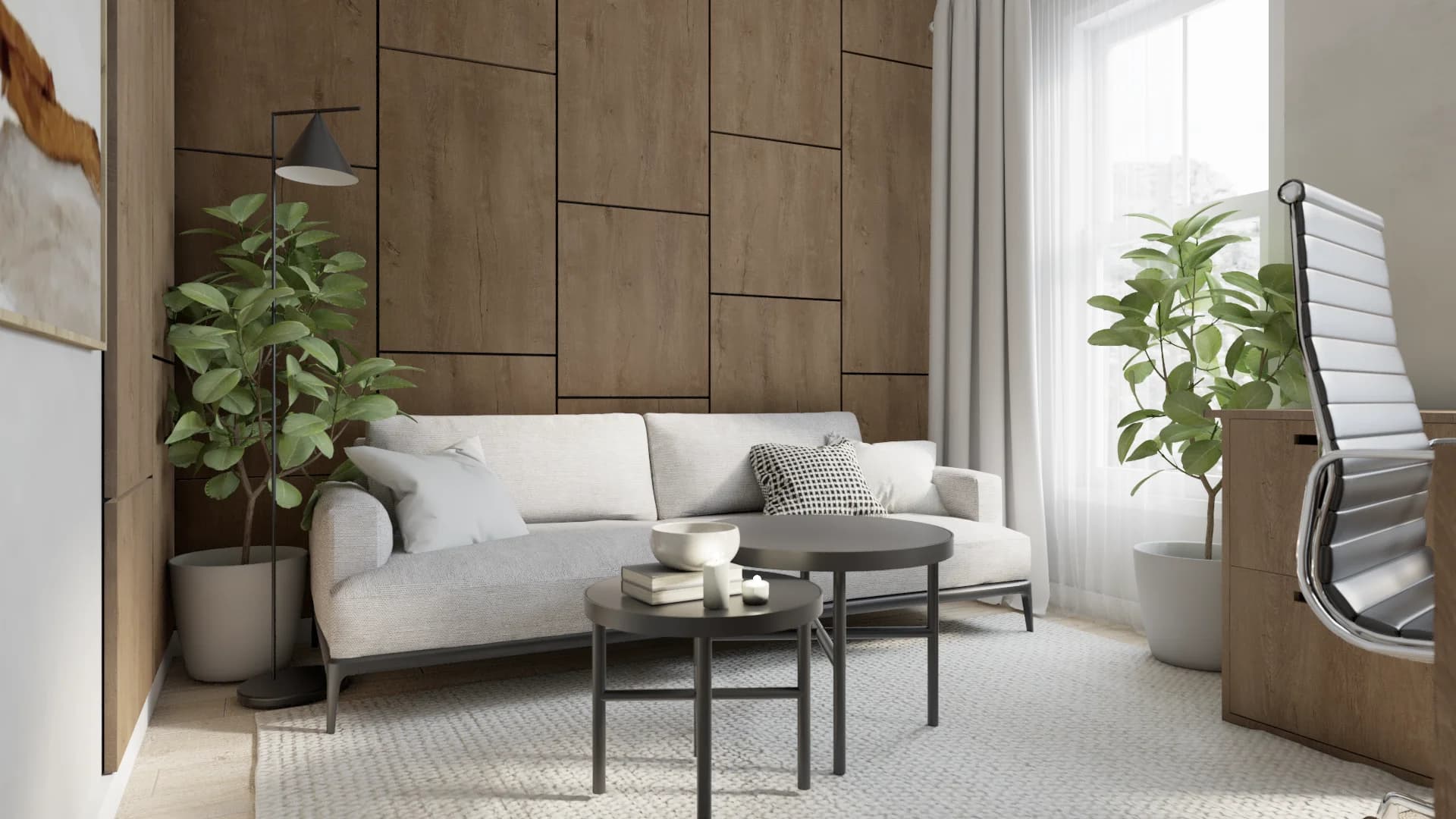 Organic modern living room with oak panel wall, gray sofa, black nesting tables, textured rug, and potted fig tree