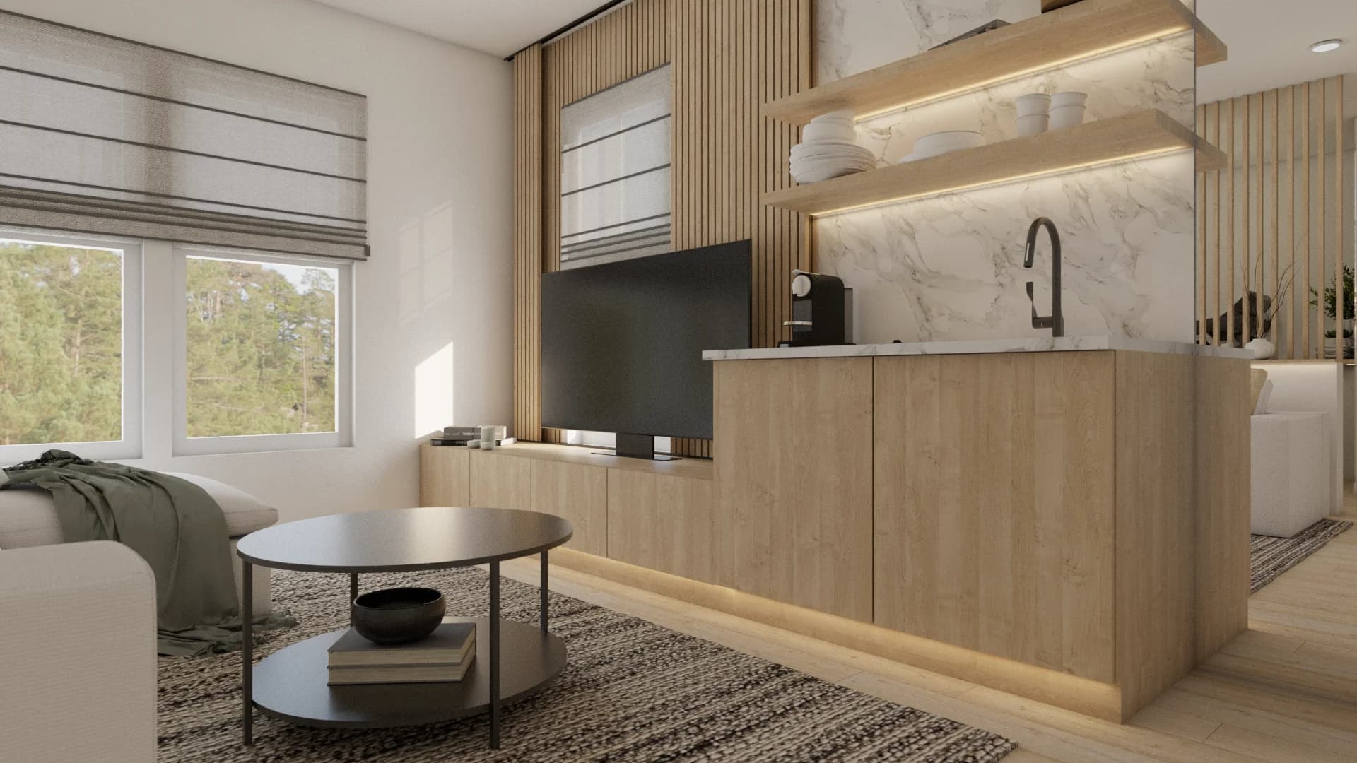 Oak media cabinet with marble backsplash bar, open shelf, and wood slat wall beside window