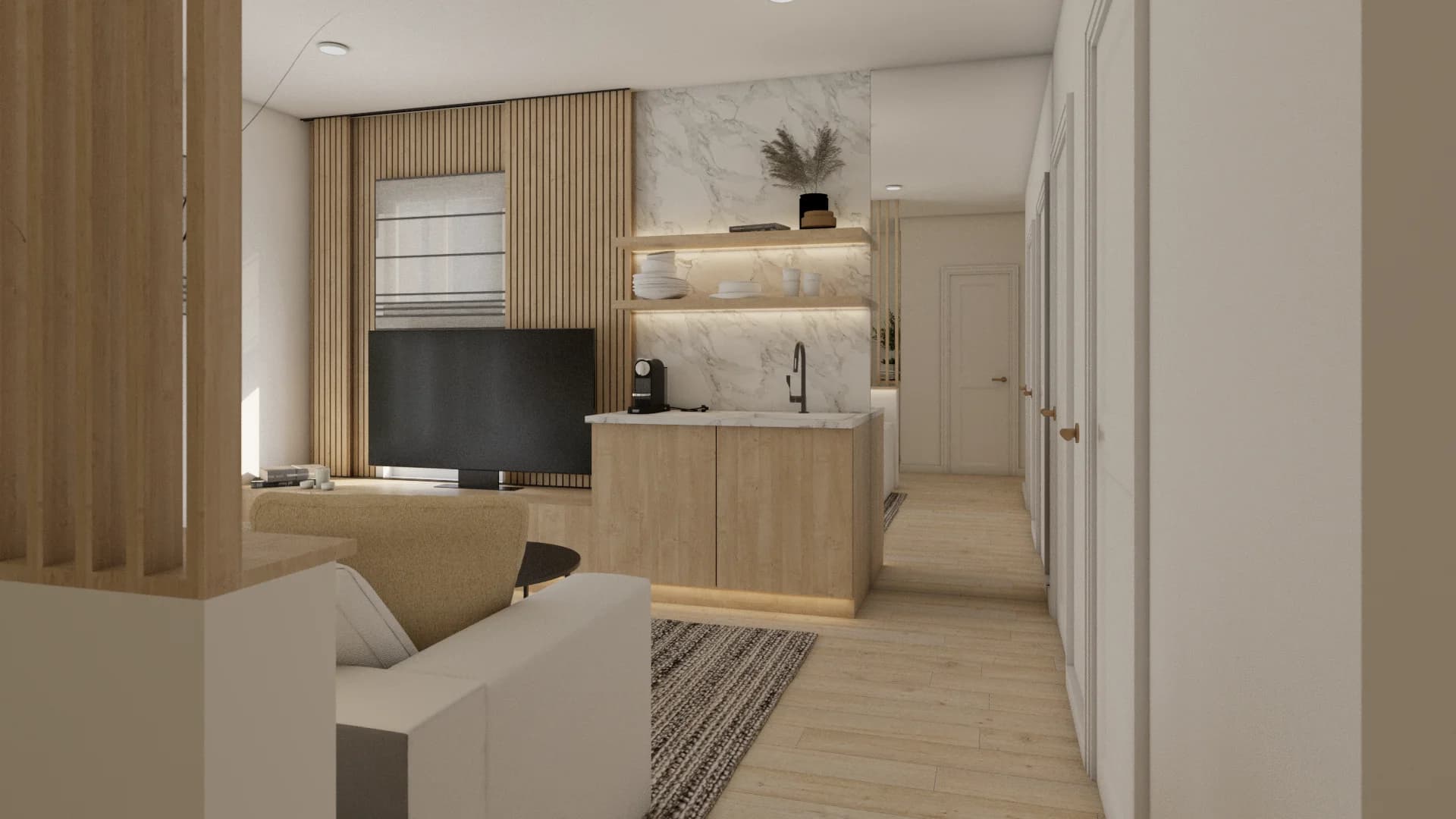 Hallway view into living room showing TV wall, marble bar cabinet, and wood slat accent wall