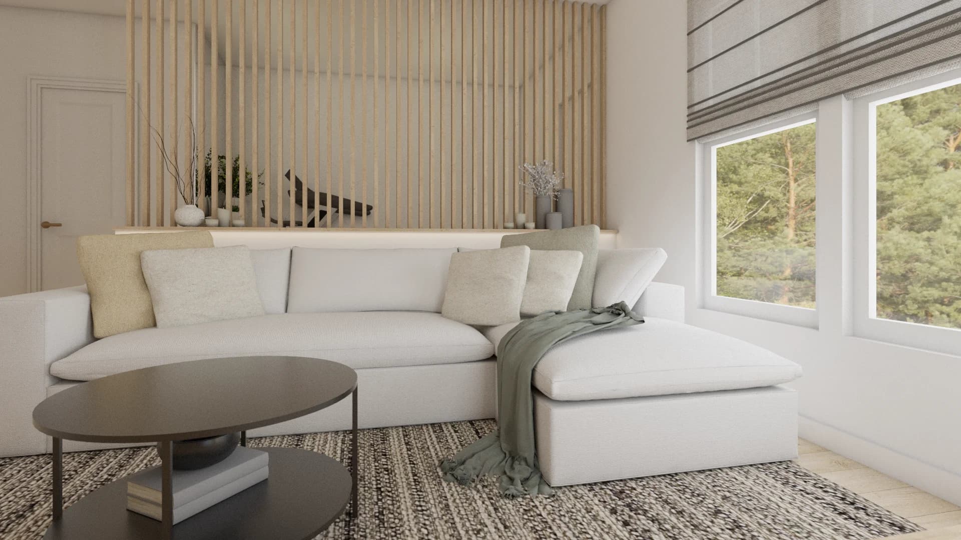 Full cream sectional with chaise lounge, sage green throw, and oak wood slat wall behind