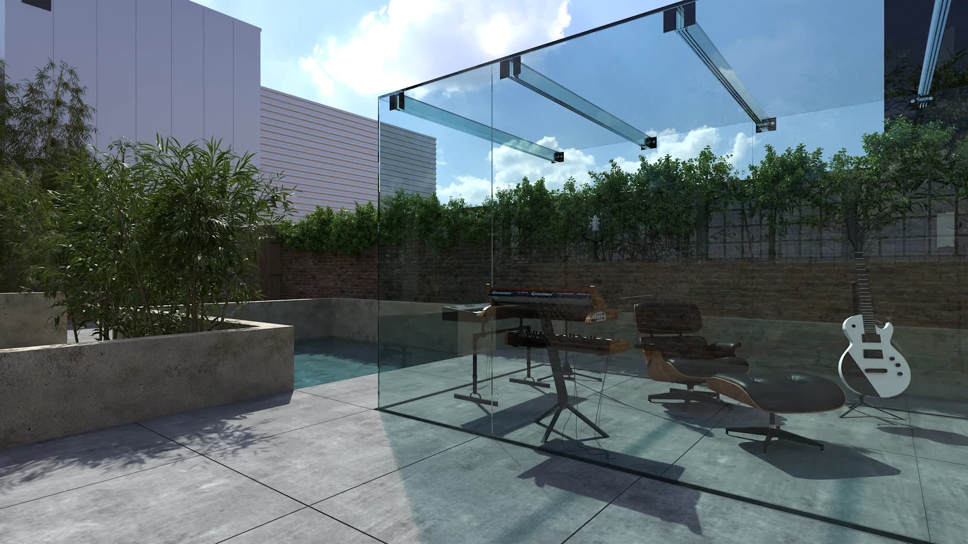 Frameless glass recording booth on rooftop with bamboo planters, Eames chair, and white guitar