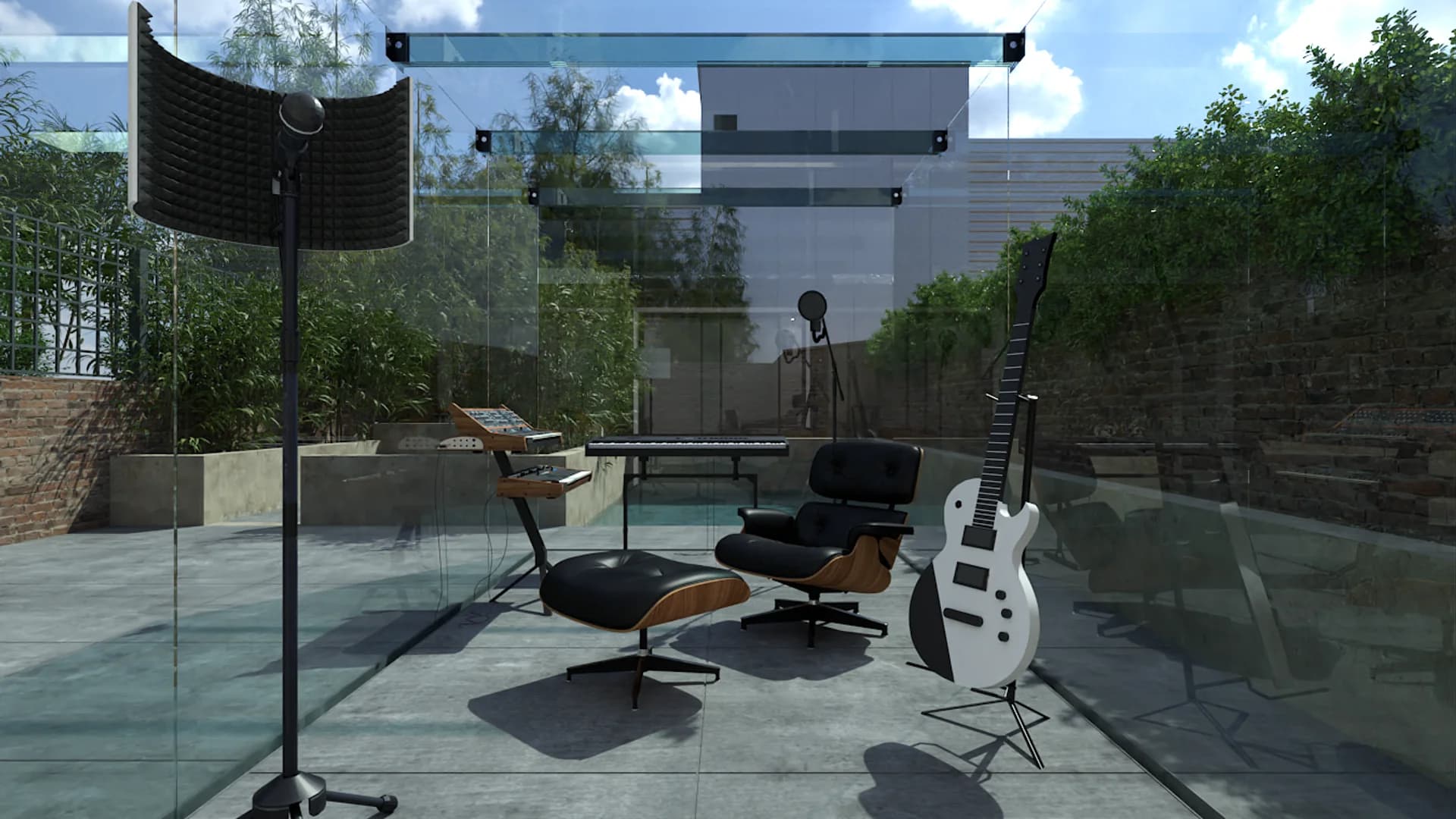 Glass recording booth with Eames lounge chair, electric guitar, and microphone on concrete patio