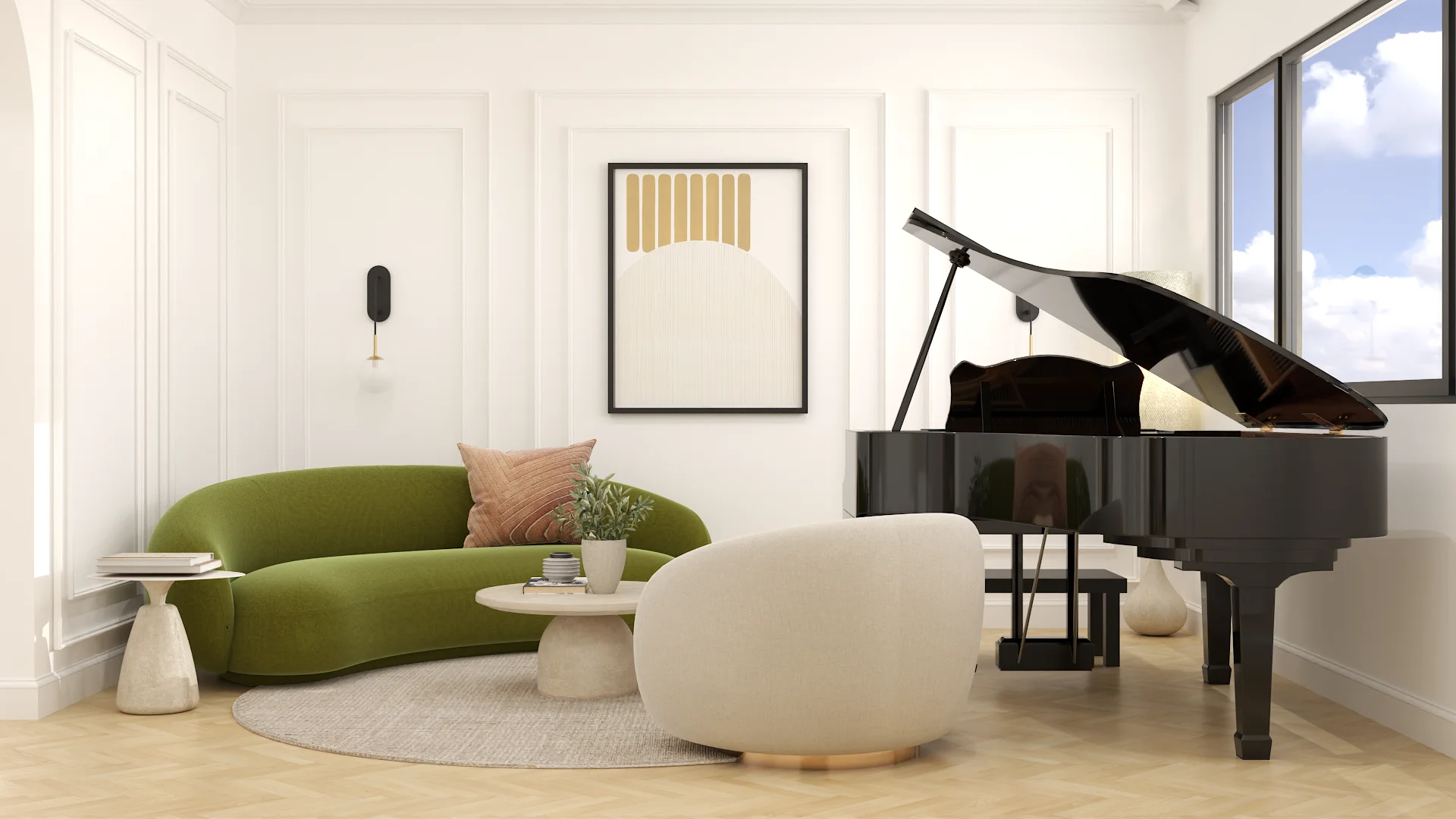 Piano sitting room with curved green velvet sofa, black grand piano, boucle swivel chair, and circular rug on light oak floor