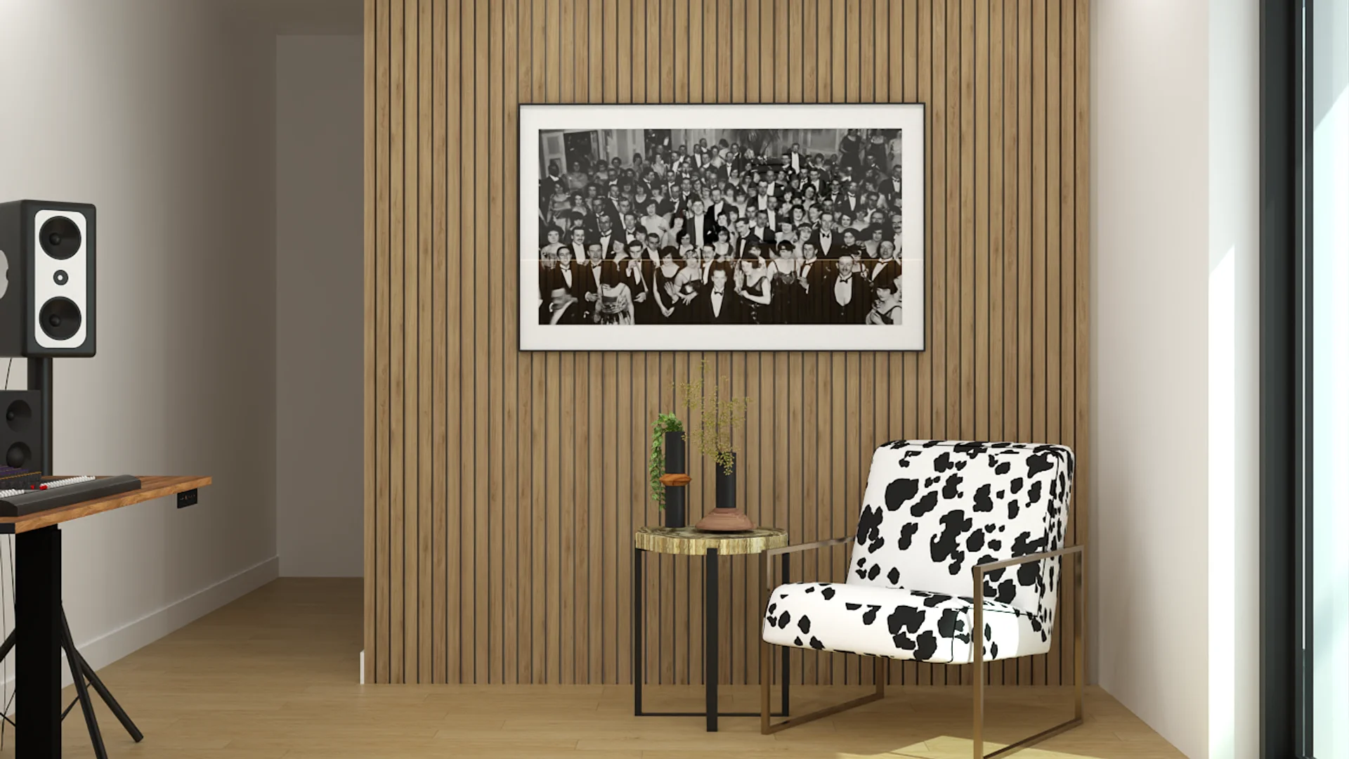 Cow-print accent chair with brass side table and crowd photo on wood slat wall