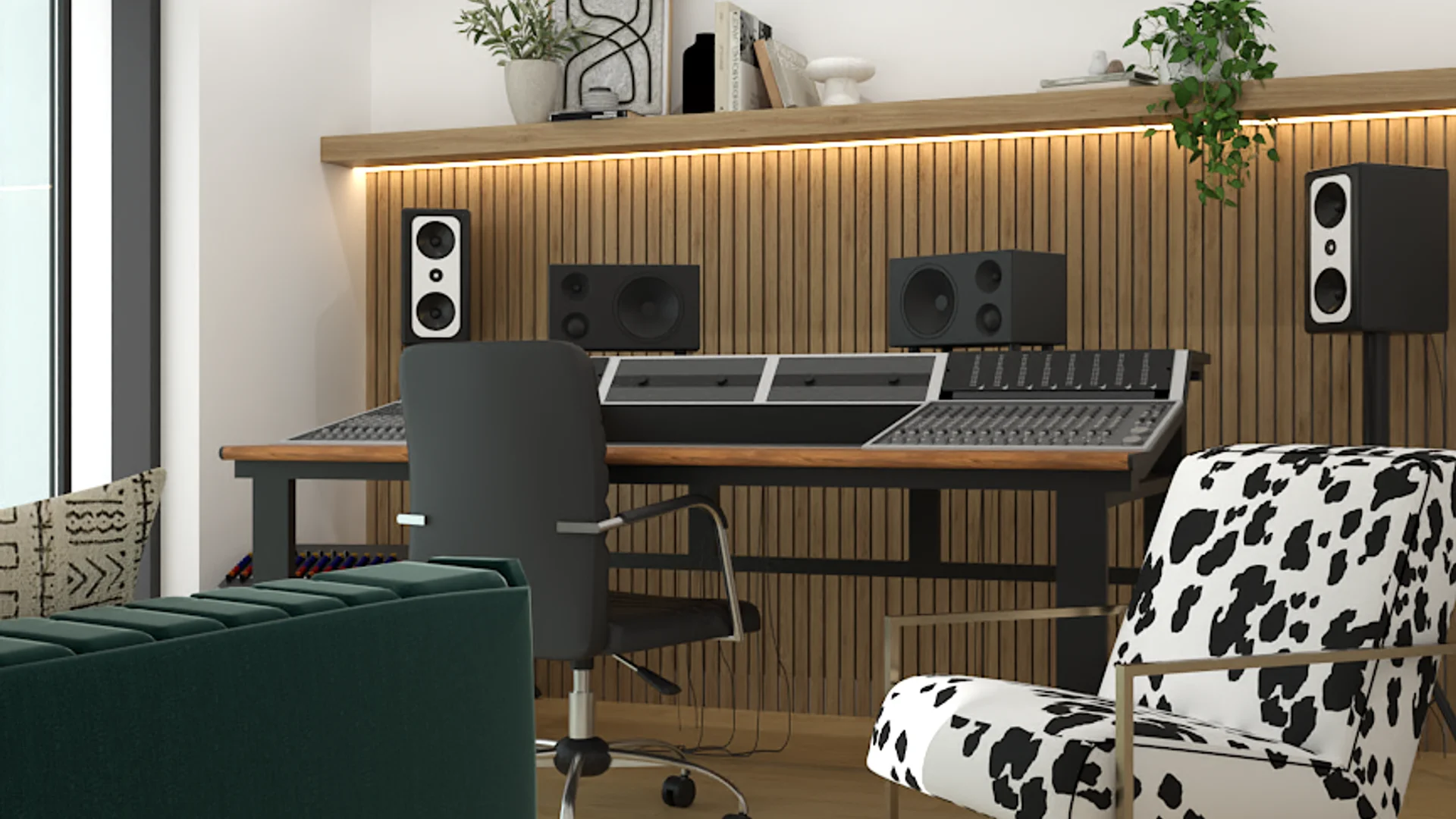 Teal sofa and studio desk zone with wood slat wall and monitor speaker on stand