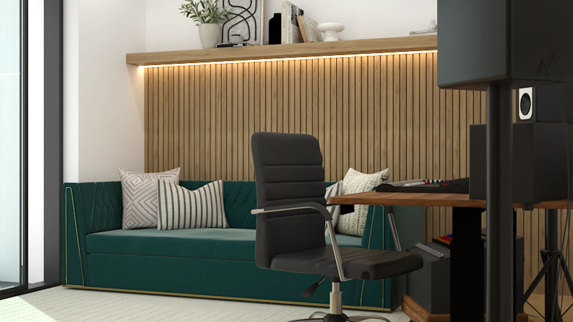 View from behind speaker stand toward teal sofa and desk chair against lit slat wall