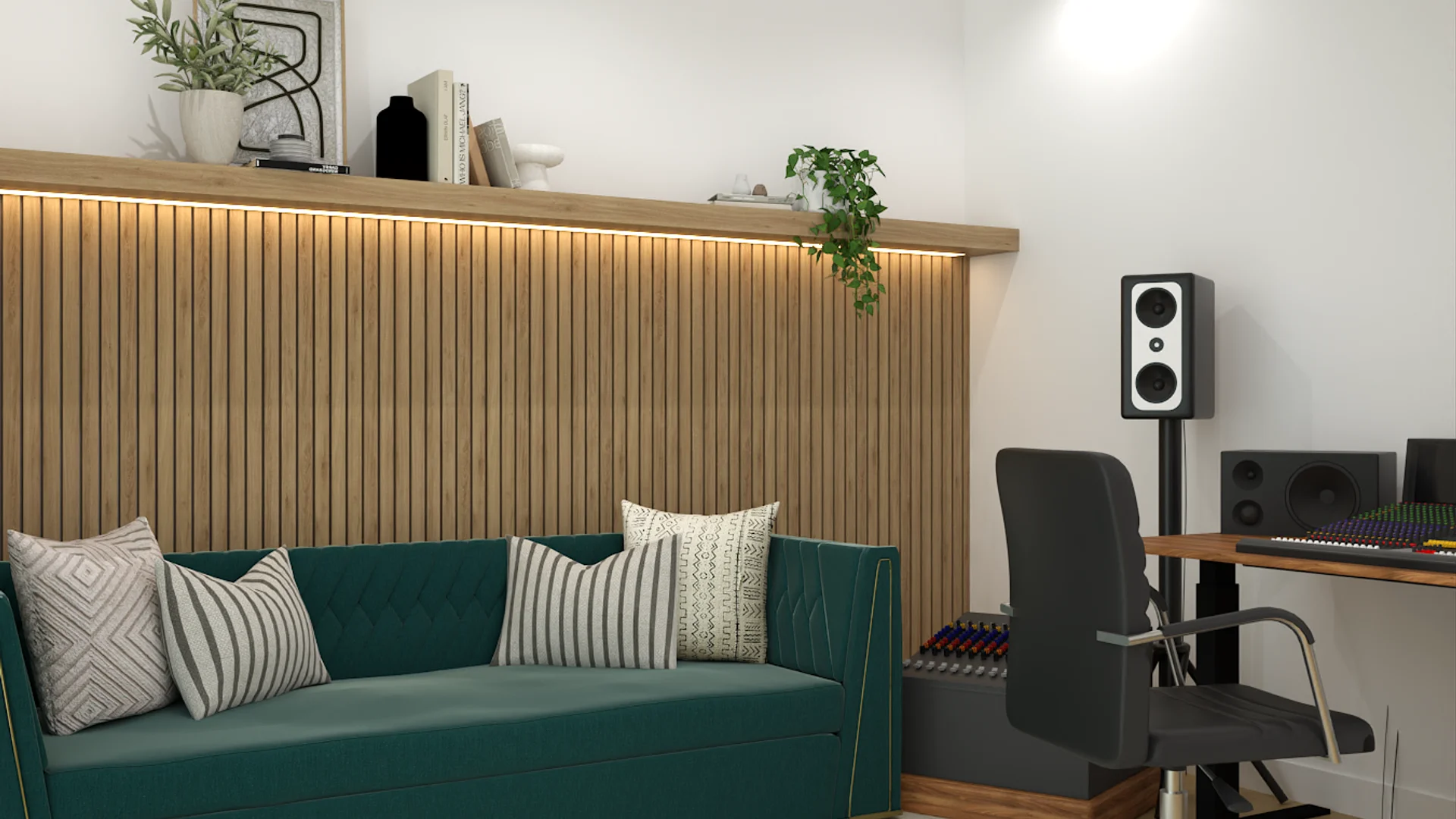 Wide angle of teal sofa beside studio desk and monitor, wood slat wall with LED shelf lighting above