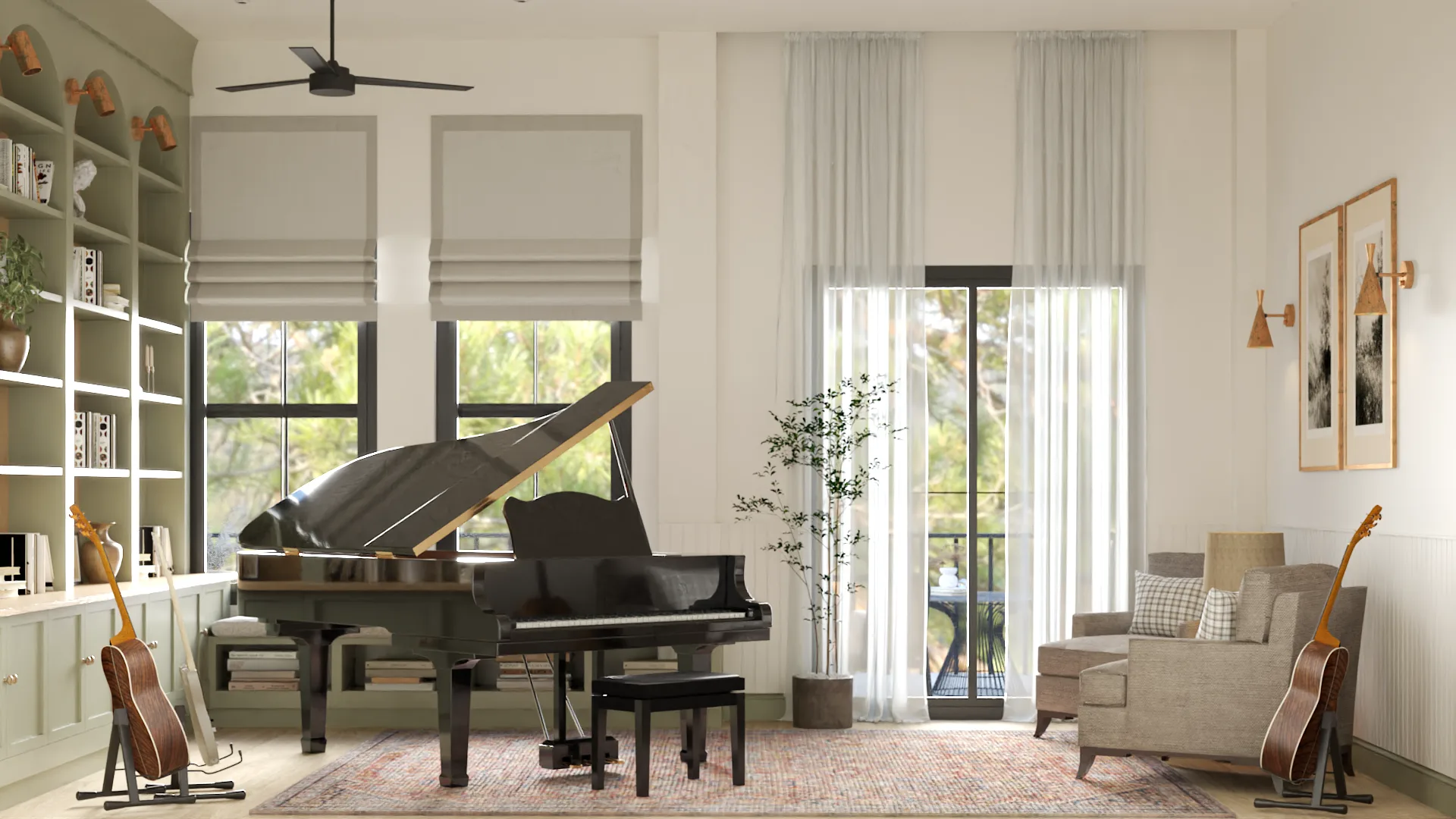 Music room with grand piano, guitars on stands, Persian rug, armchairs, and sheer curtains
