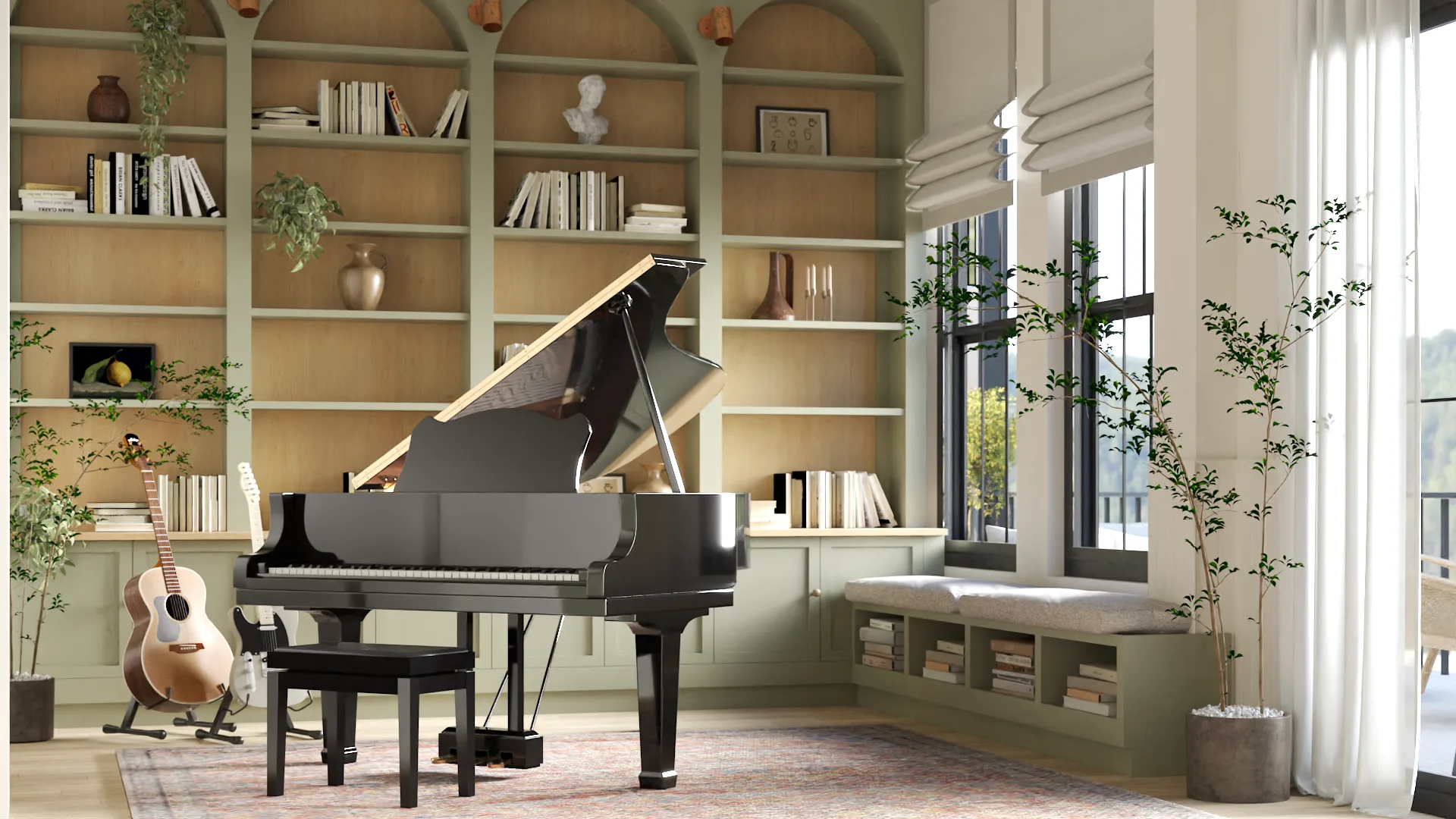 Grand piano music room with arched sage green built-in bookshelves, black grand piano, acoustic guitar, Persian rug, and window seat