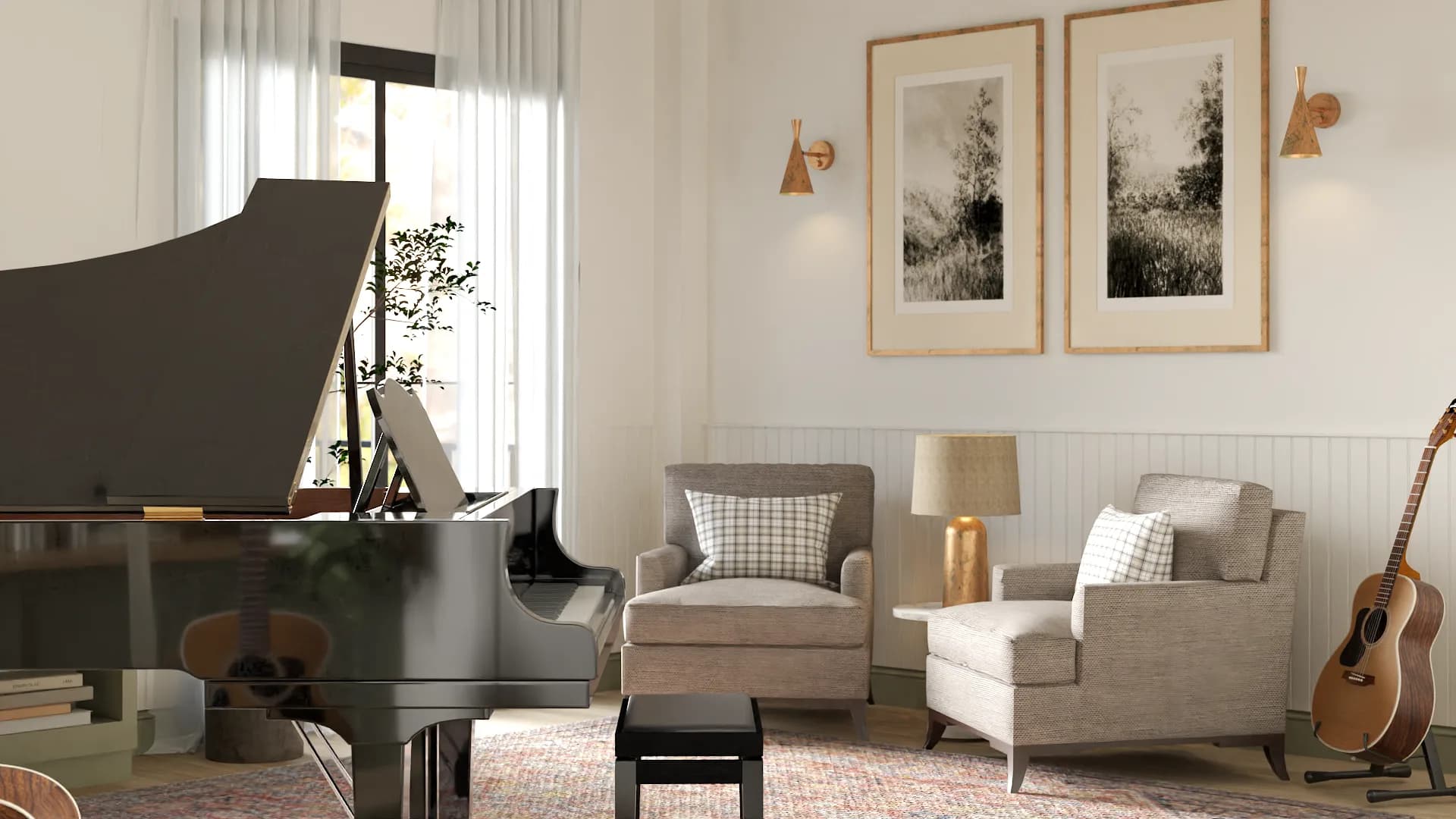 Listening area with linen armchairs, gold lamp, guitar, and grand piano beyond
