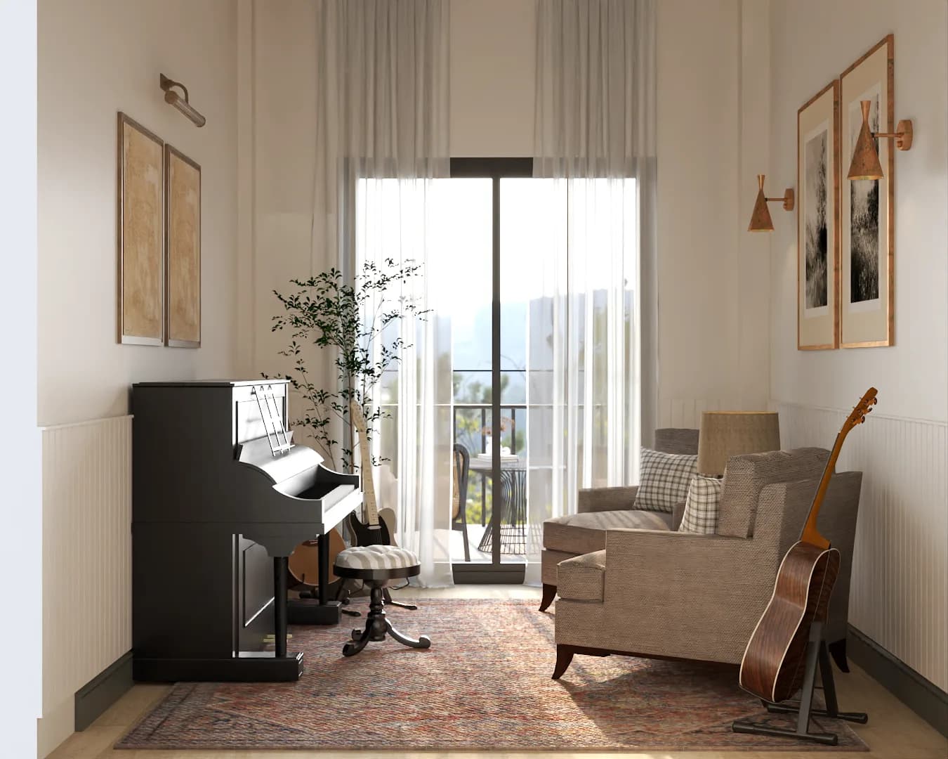 Dark teal built-in cabinetry with brass pulls, checkered armchair, ottoman, and brass floor lamp facing balcony door in music room