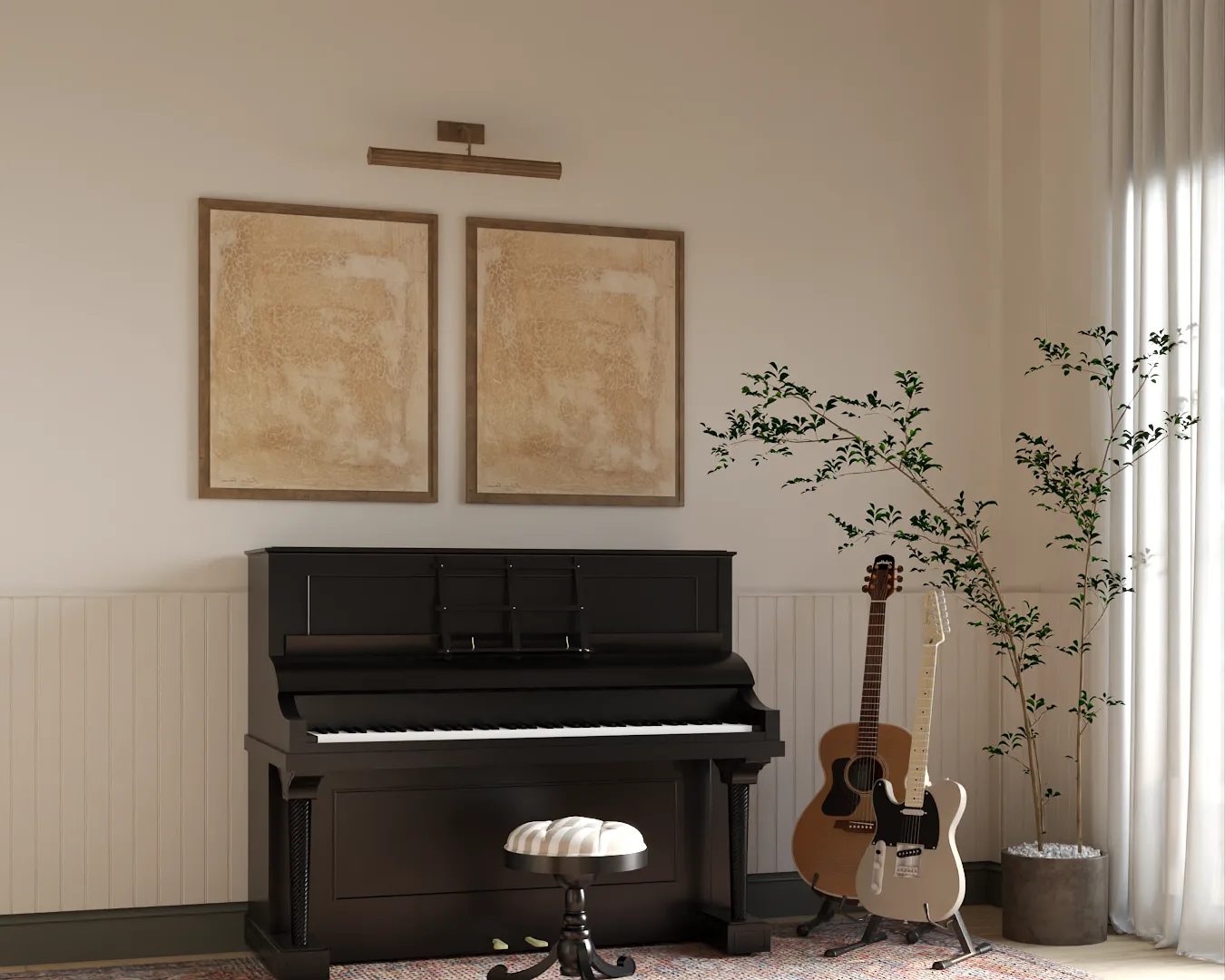 Black upright piano with brass picture light, botanical prints, and two acoustic guitars