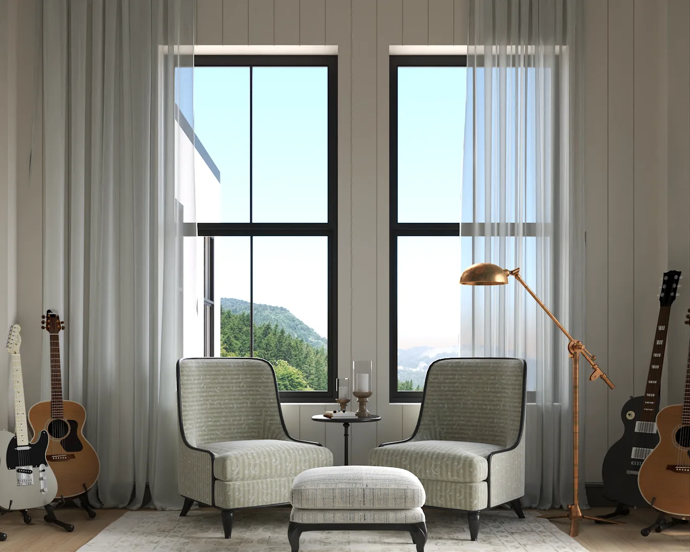 Guitar lounge with dual linen armchairs, brass floor lamp, acoustic and electric guitars, beadboard wainscoting, and mountain view windows