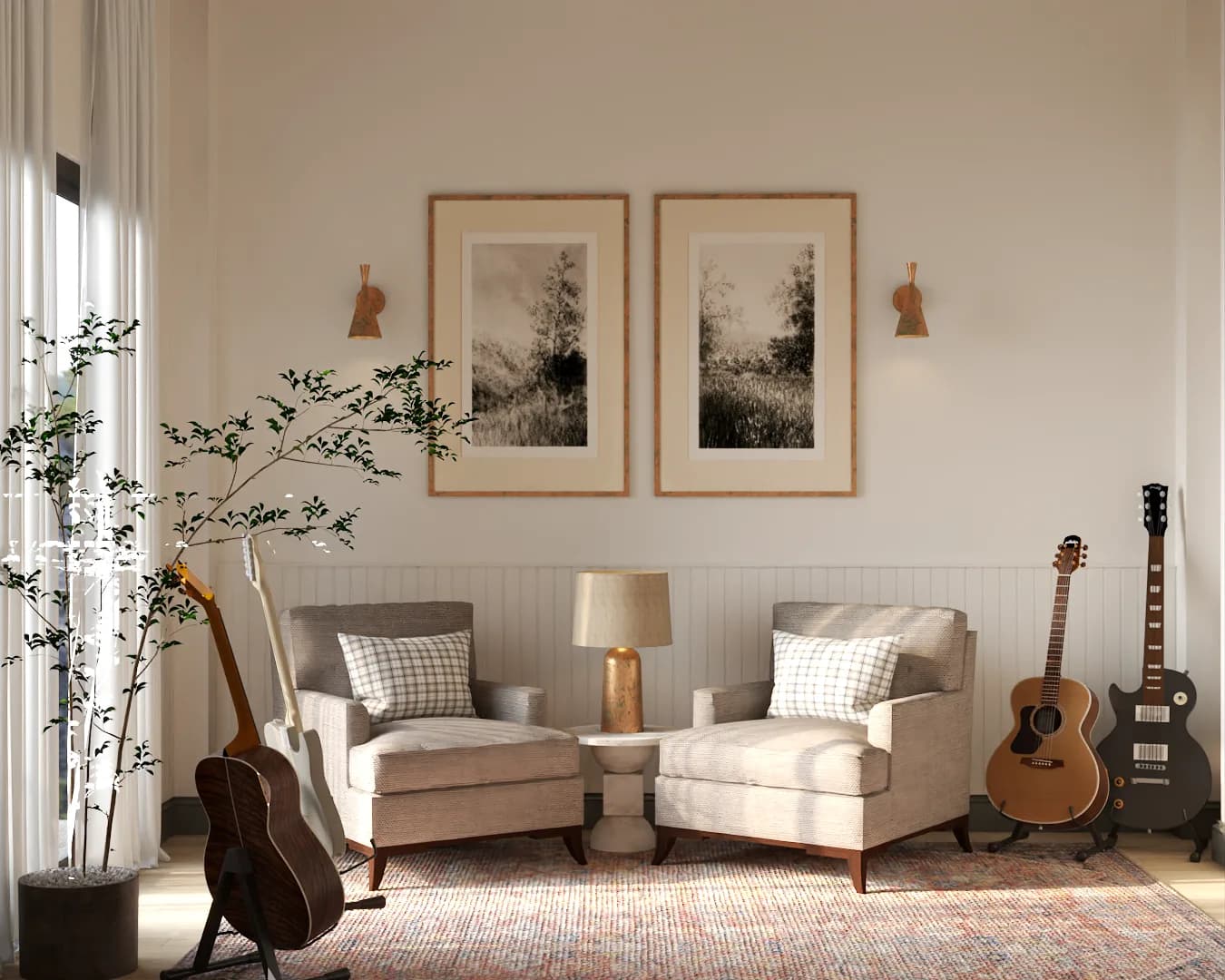 Linen armchairs with plaid pillows, brass table lamp, nature photography, and guitars