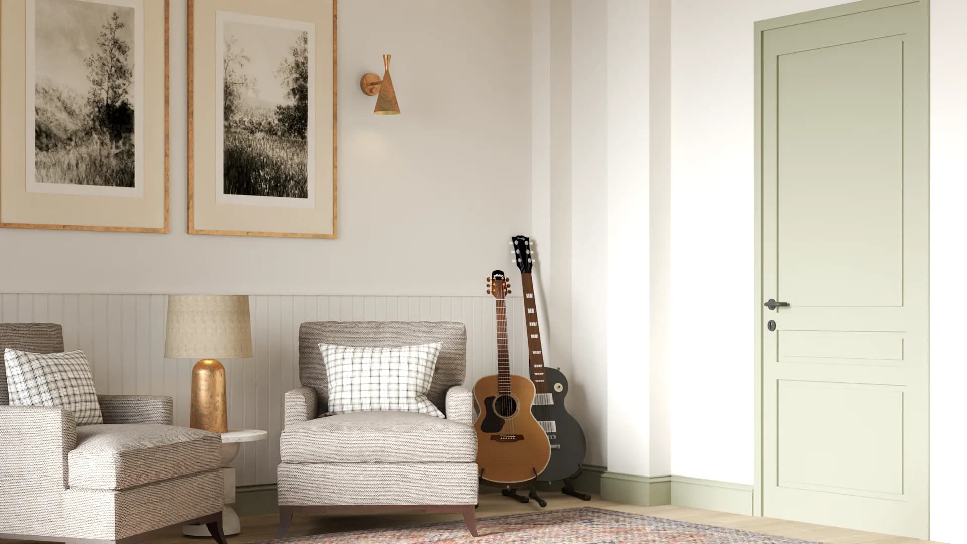 Side angle showing sage green door, gold sconce, armchair, and guitar corner