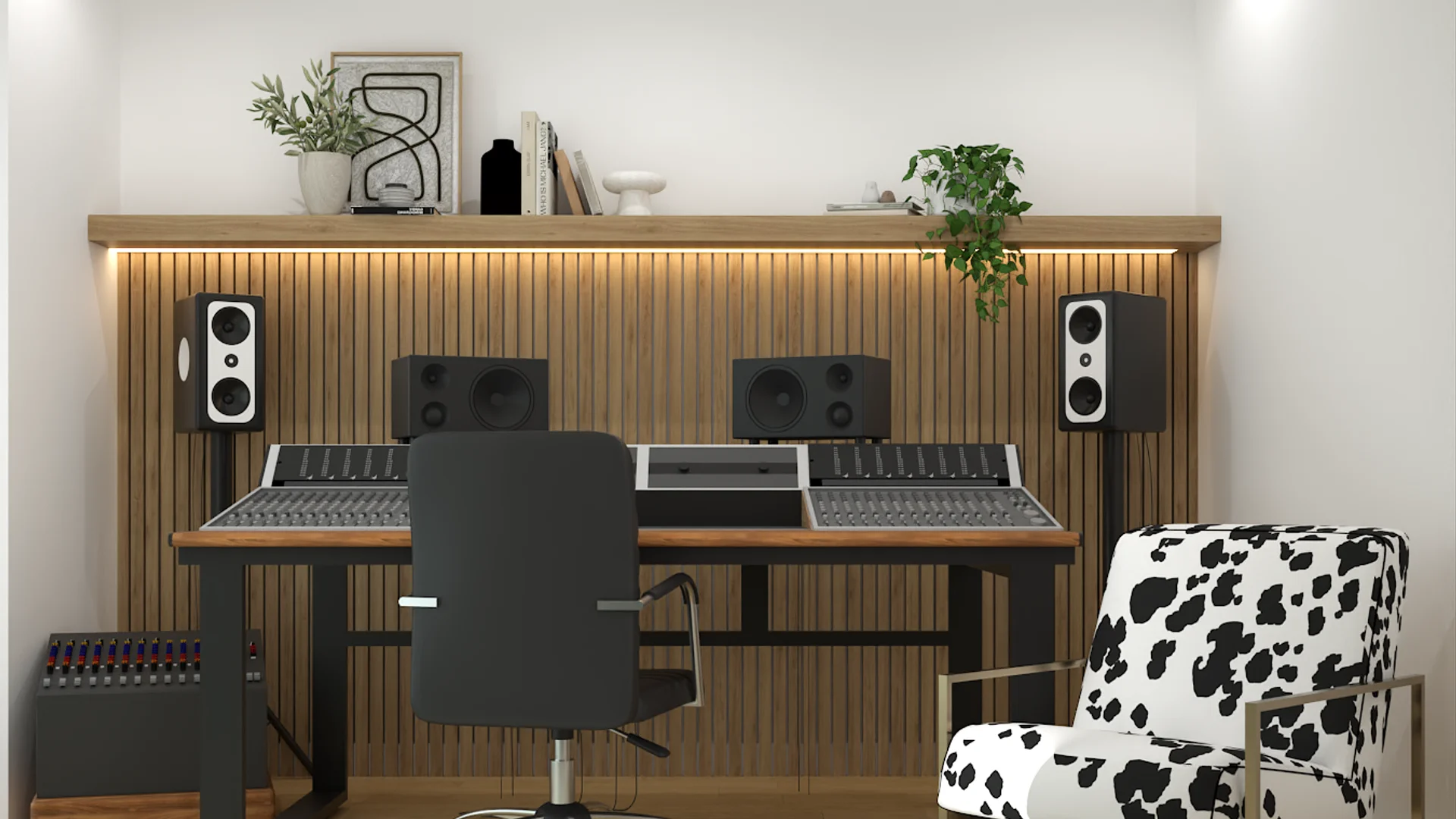 Mixing console with studio monitors and wood slat wall, cow-print chair, and floating shelf