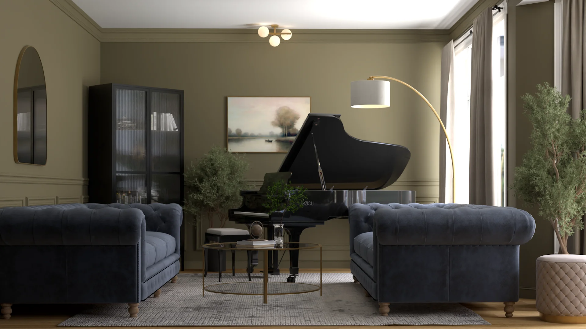 Navy tufted Chesterfield sofas around brass coffee table facing black grand piano in olive room
