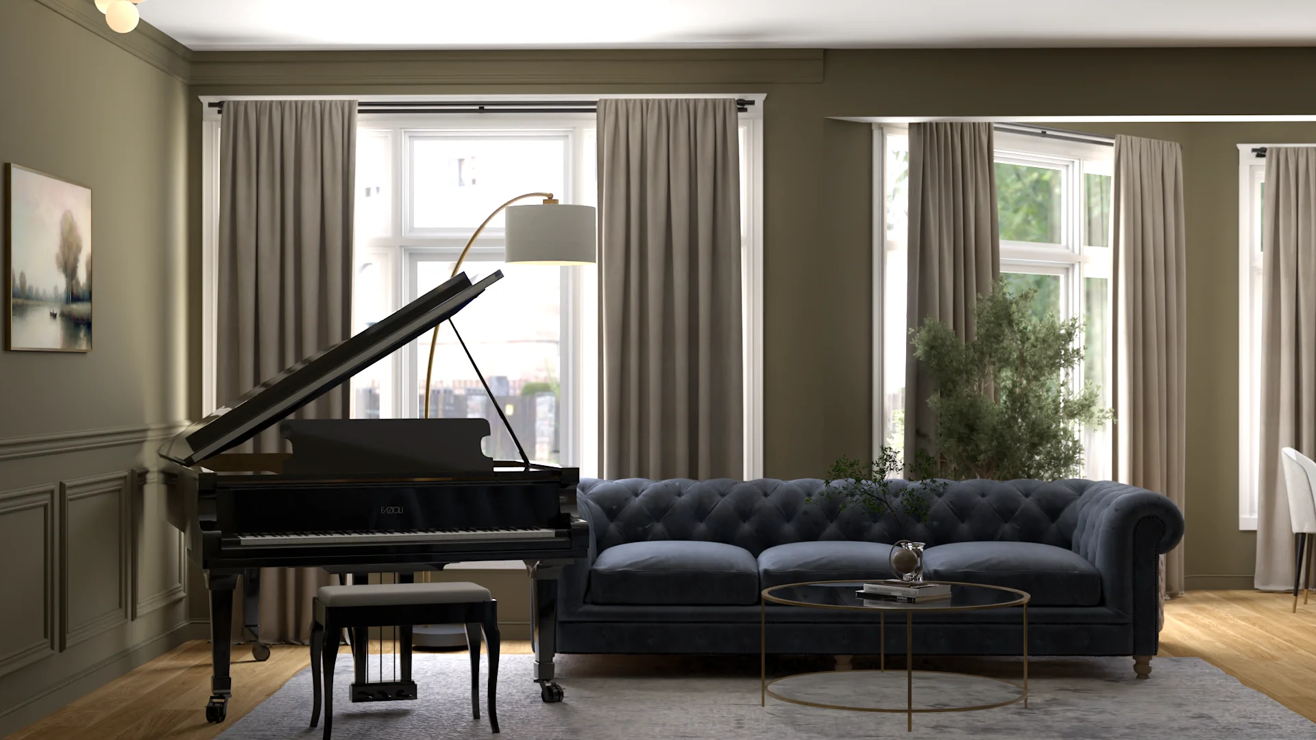 Navy Chesterfield sofa beside grand piano in olive green music room with linen curtains
