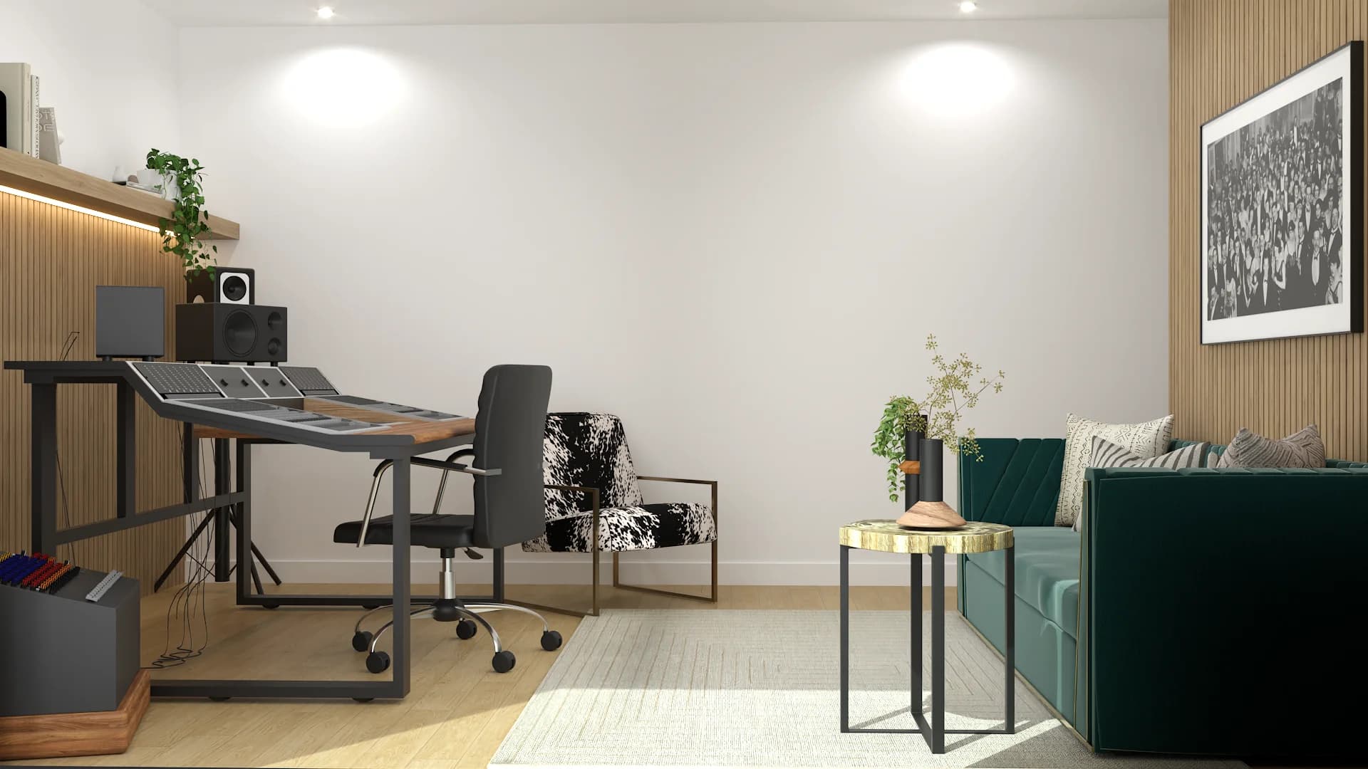 Music production studio with oak slat wall, walnut mixing desk, teal velvet daybed, cow-print chair, and gold side table