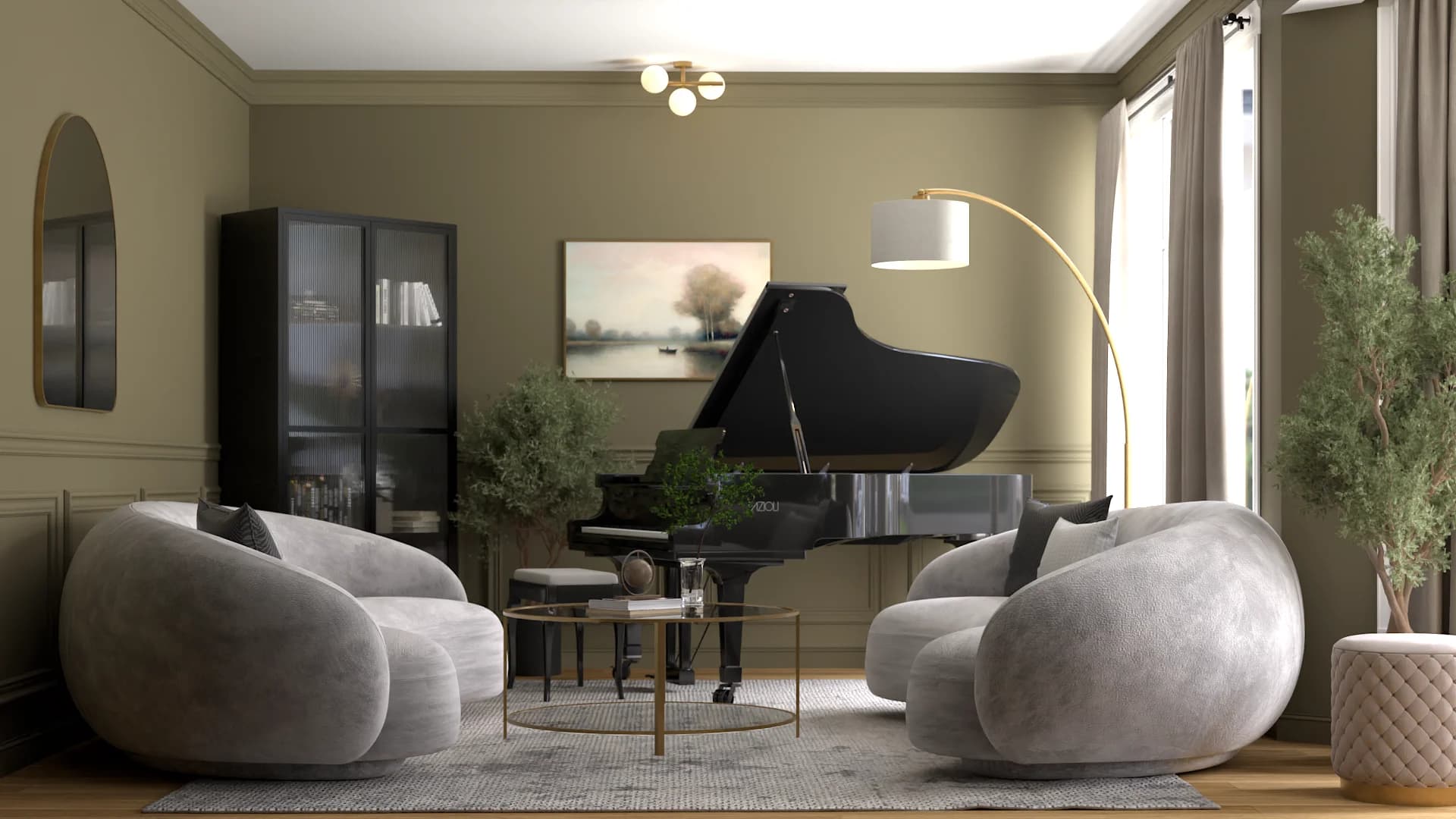 Olive green music room with black grand piano, sculptural boucle armchairs, brass arc floor lamp, and glass coffee table