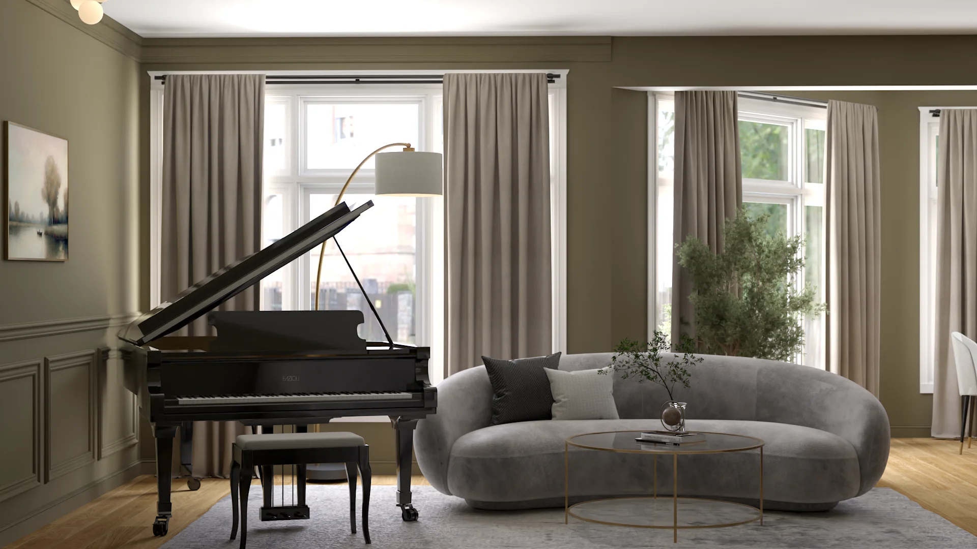 Curved gray boucle sofa facing black grand piano in olive green music room with brass arc lamp