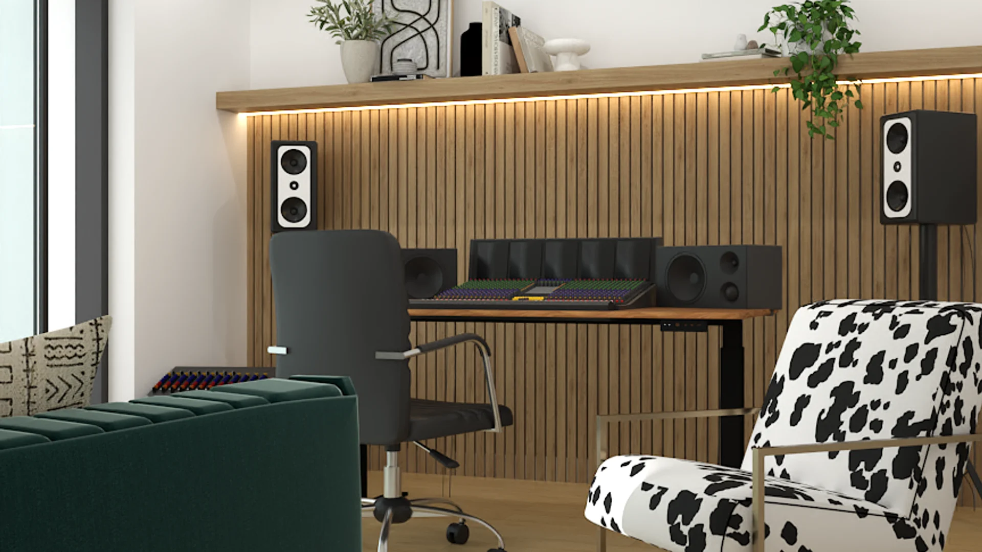 Mixing desk on oak slat wall with LED strip, studio monitors, and cow-print accent chair