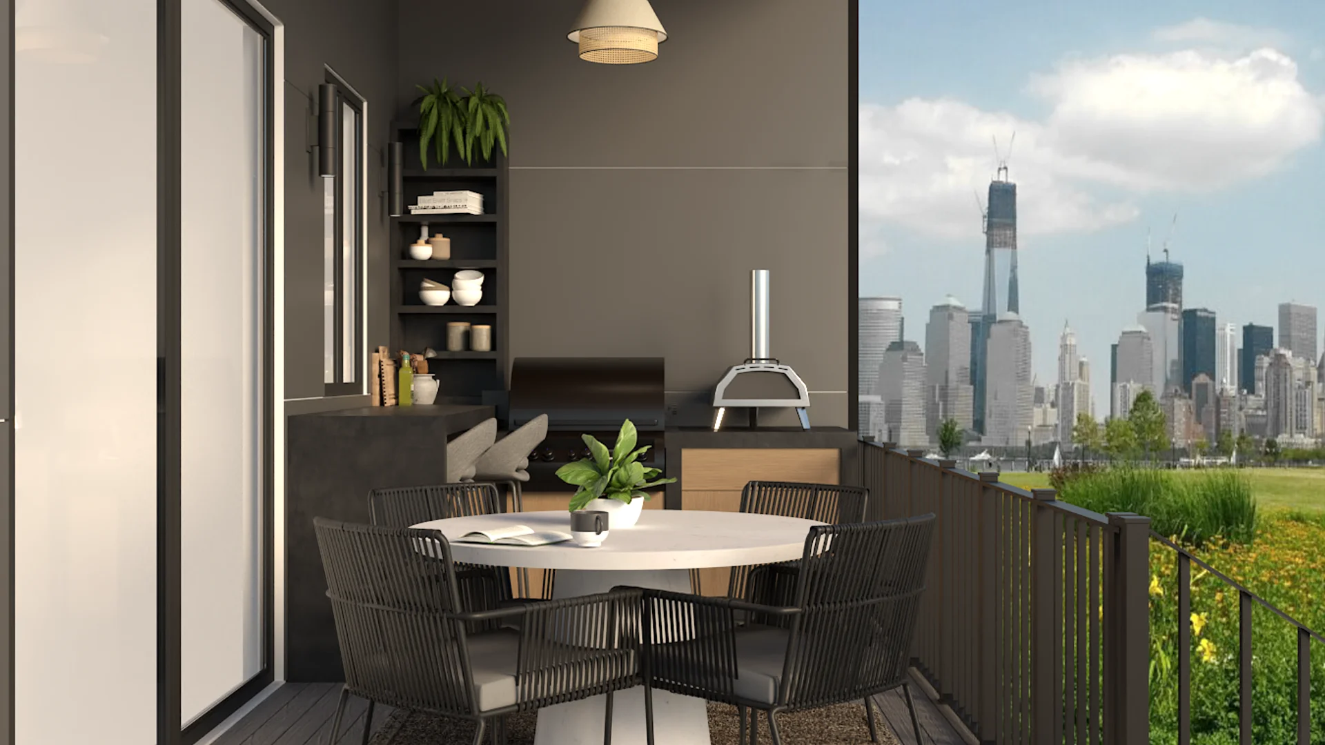 Balcony dining area with round white table, dark chairs, pizza oven, and city skyline view