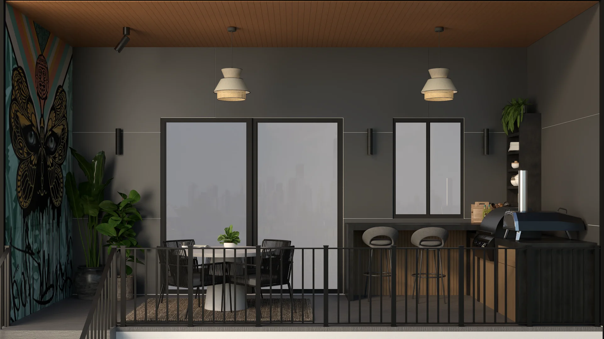 Covered patio with bar seating, round dining table, and teal butterfly mural wall