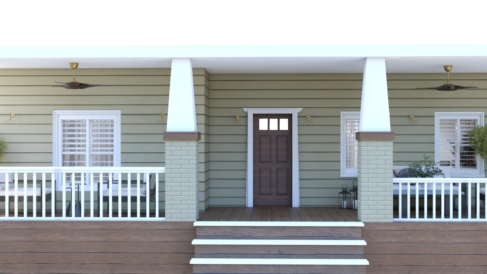 Craftsman front porch with tapered white columns, sage green siding, and dark walnut craftsman door