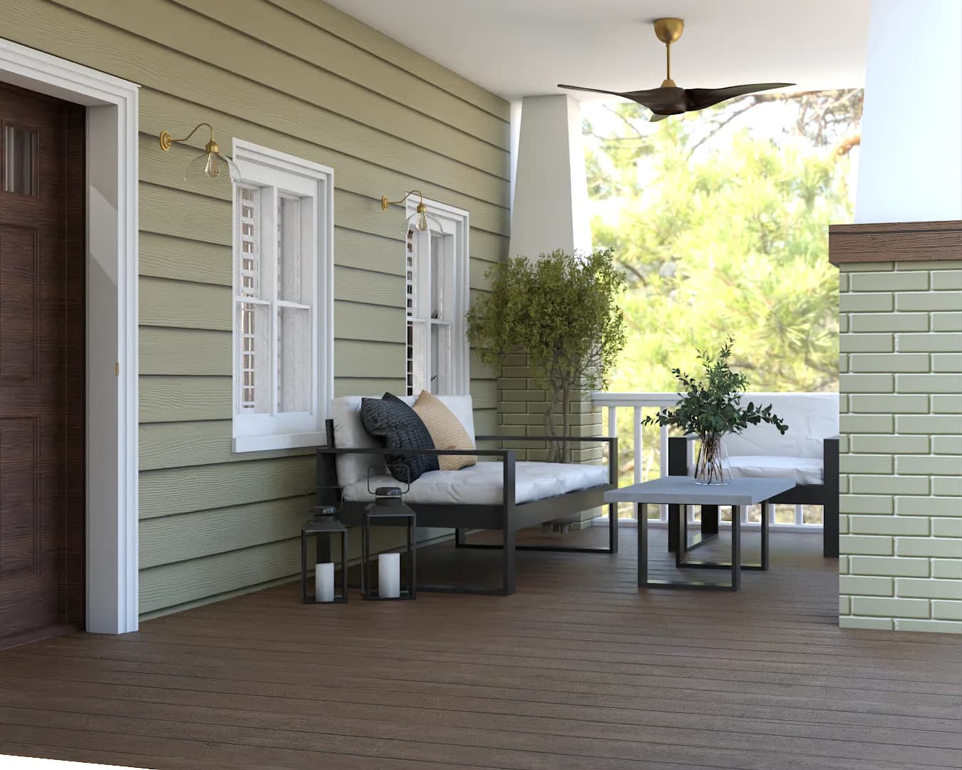 Craftsman porch with metal sofa, sage green siding, ceiling fan, and string lights