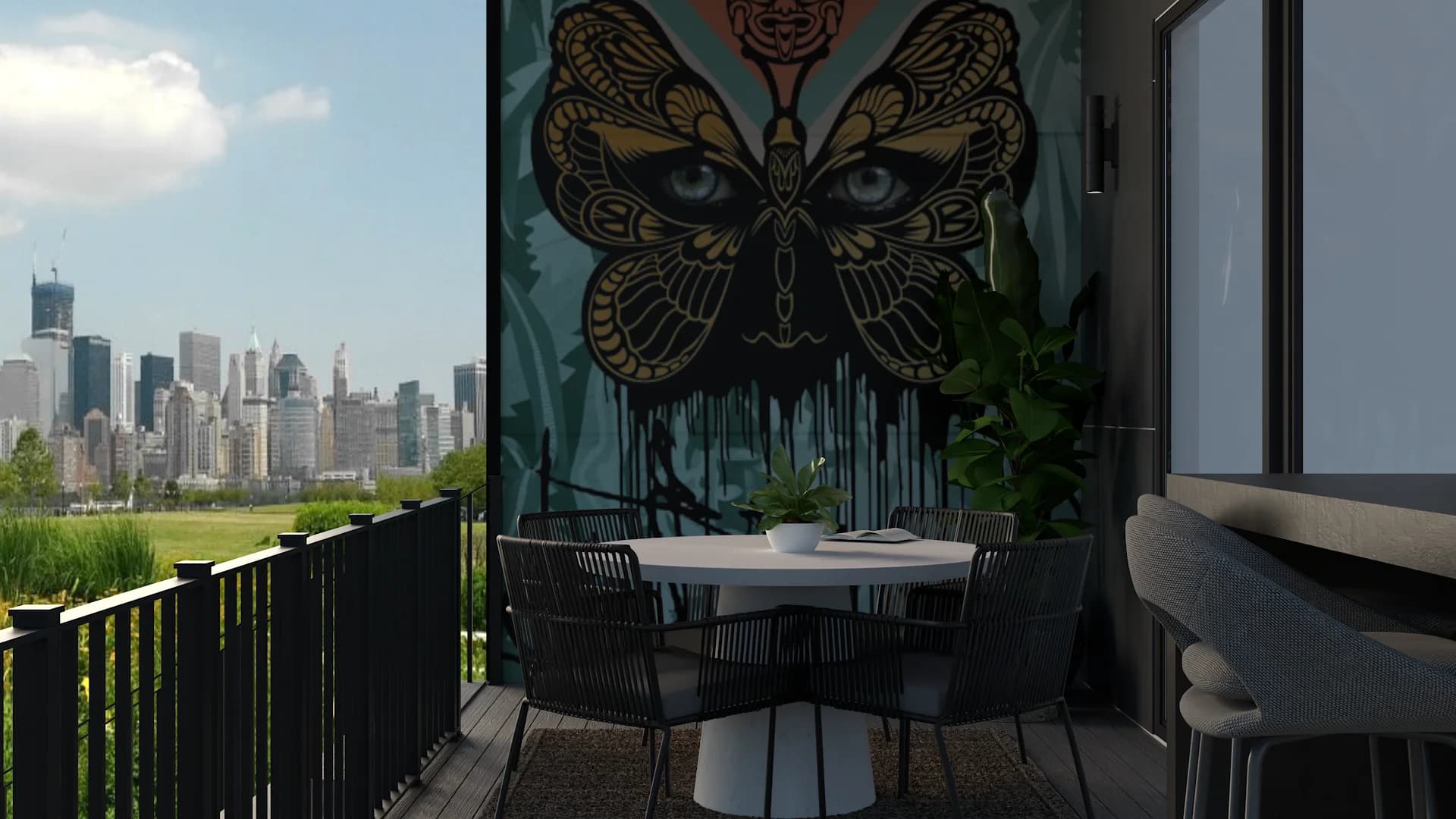 Urban rooftop patio with street art butterfly mural, wire dining chairs, and city skyline view