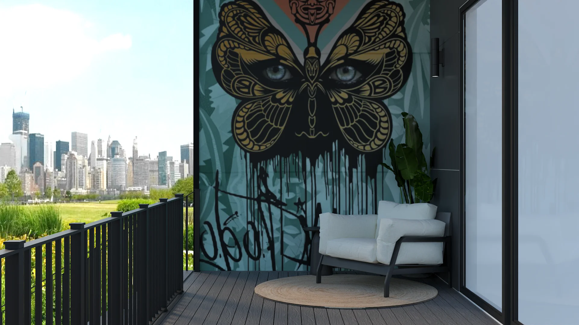 Urban balcony with large butterfly street art mural, white lounge chair, city skyline view