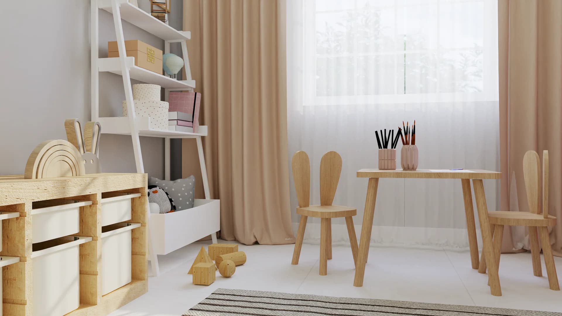Scandinavian kids playroom corner with birch bunny-ear chairs, ladder shelf, and wooden toy storage bins