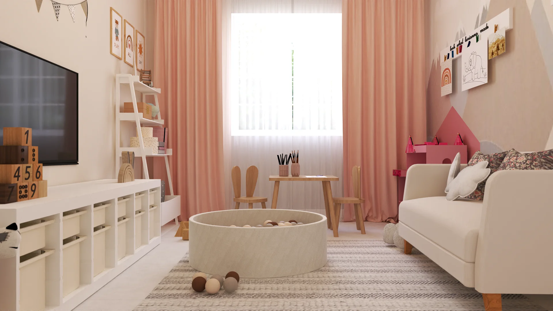 Scandinavian playroom with blush pink curtains, round cream felt ball pit, bunny-ear wooden chairs, and white cube storage