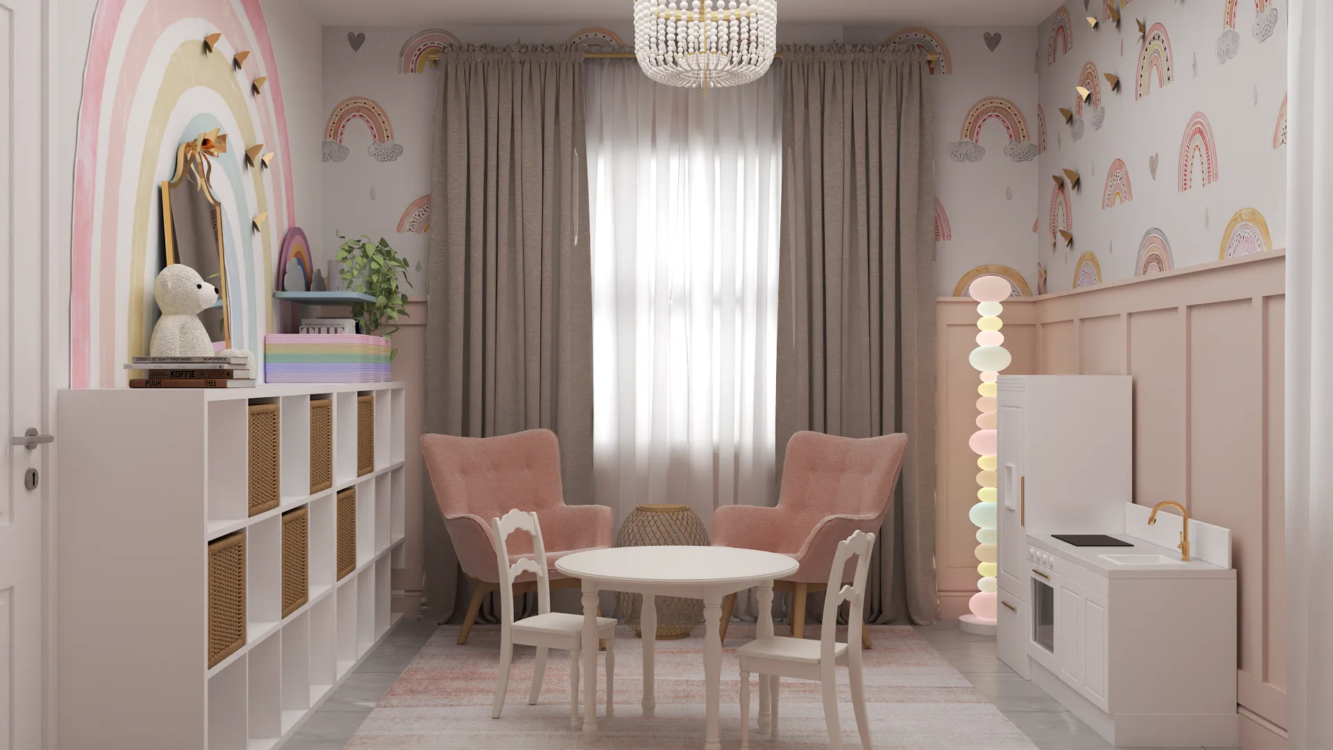 Girls playroom with rainbow mural, pink wainscoting, cube shelf with rattan baskets, pink chairs, and crystal chandelier