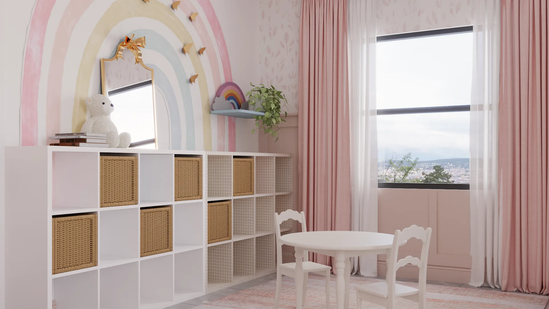 Rainbow mural wall and pink curtains with rattan cube shelf and kids round table