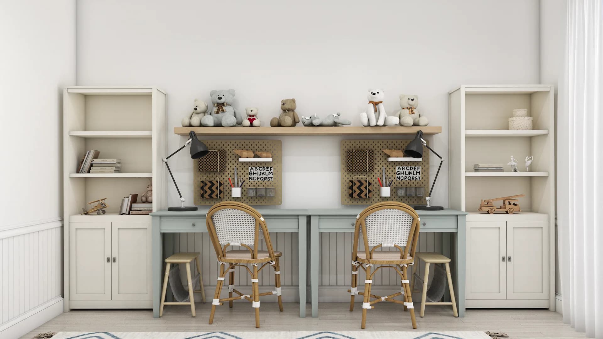 Shared kids study zone with sage green desk, rattan chairs, and flanking white bookcases