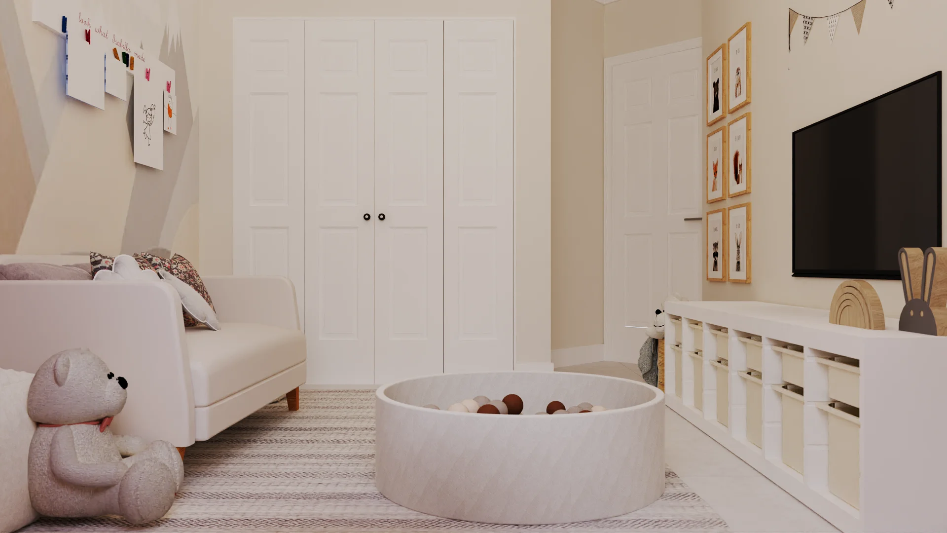 Cream Montessori playroom angle with foam ball pit, white cube storage, and framed animal prints