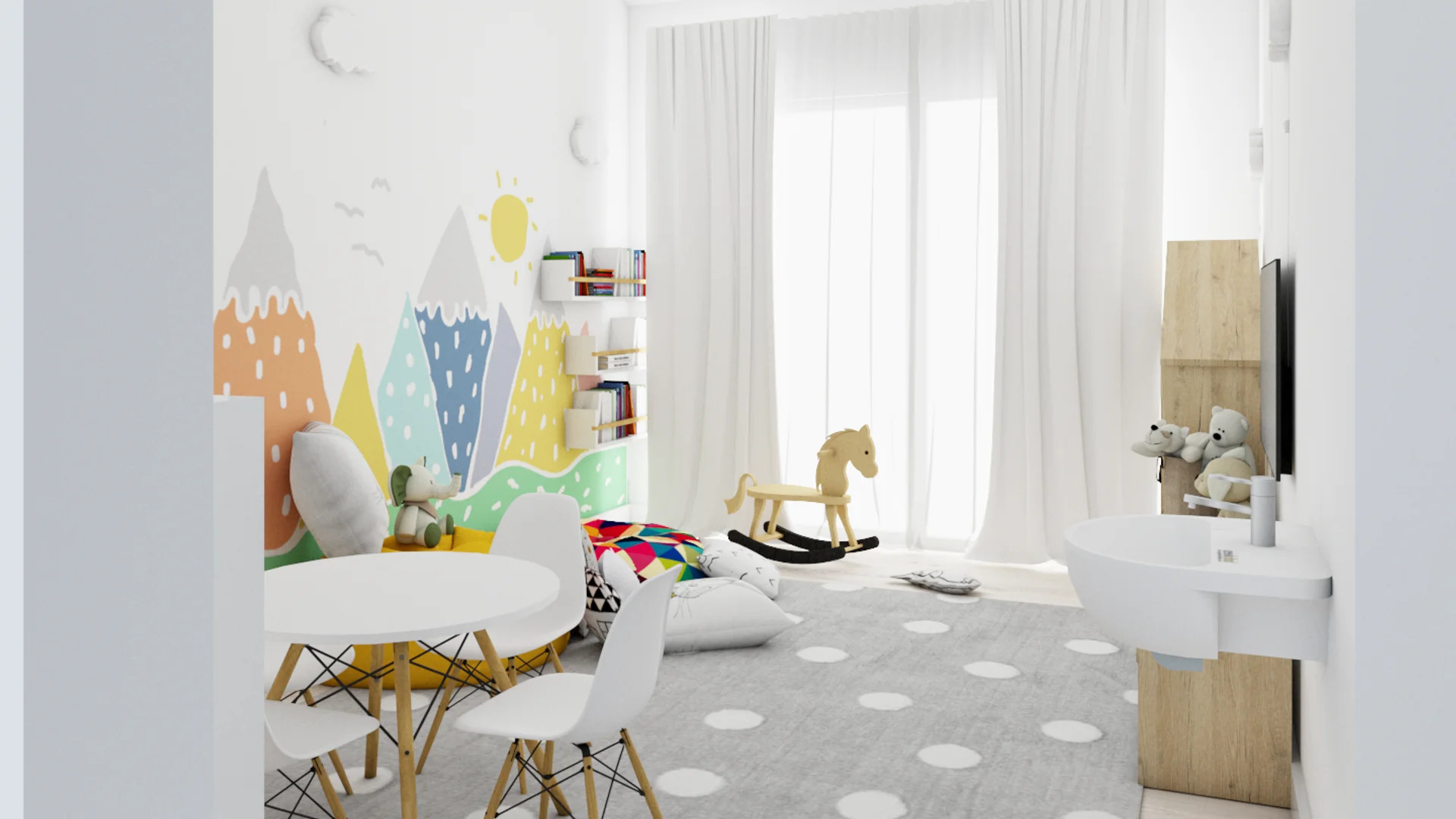 Scandinavian kids playroom with colorful mountain mural, mini round white table, wood rocking horse, and polka dot rug