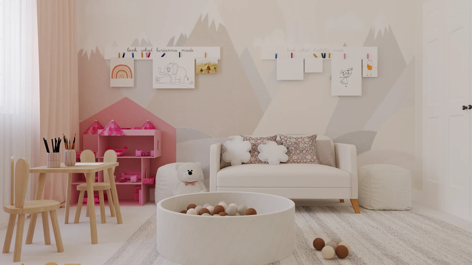Children playroom with mountain mural, pink dollhouse shelf, birch table set, cream sofa, and round white ball pit