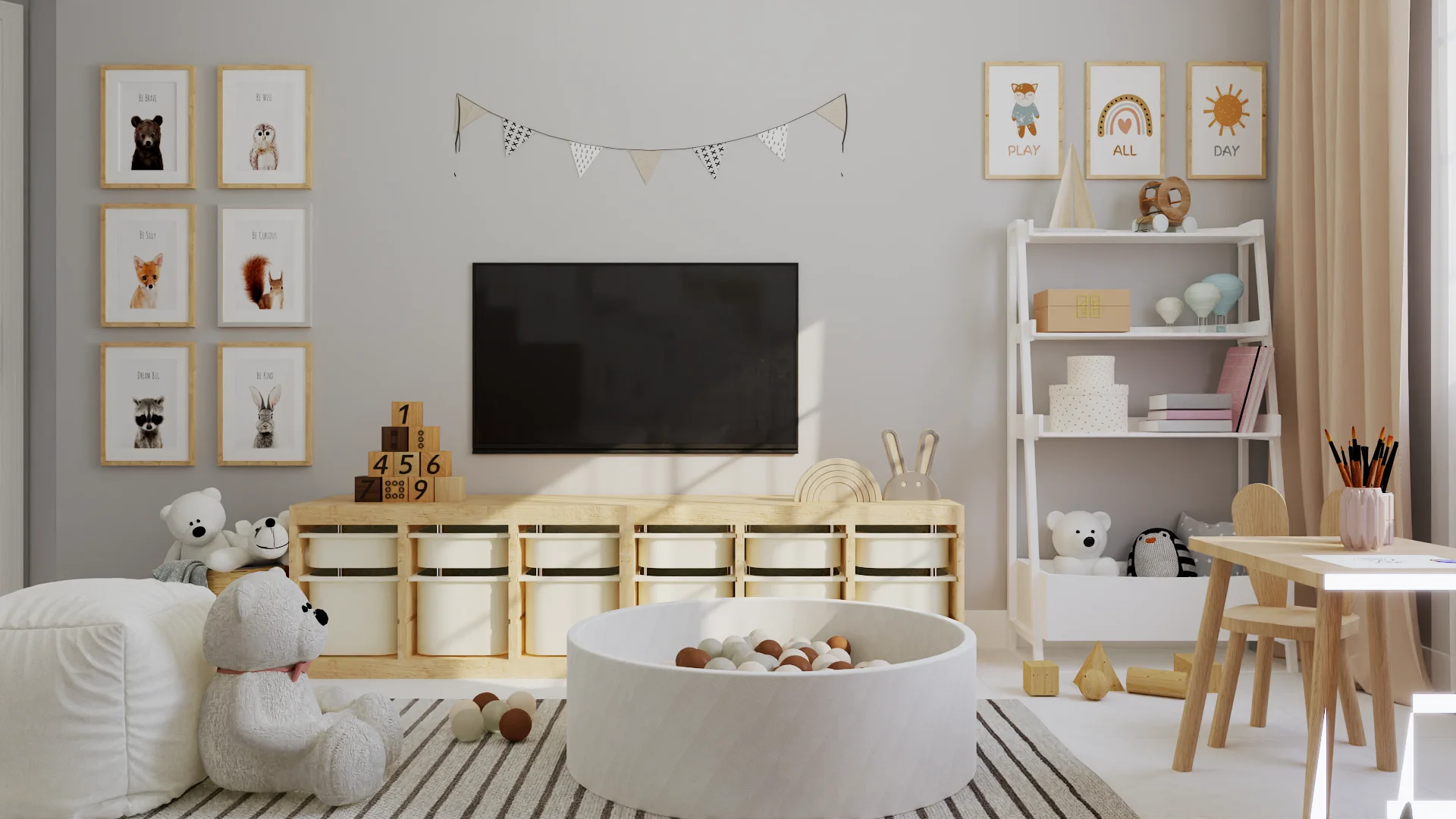 Nordic playroom with pine storage bins, round ball pit, woodland gallery wall, and white ladder shelf