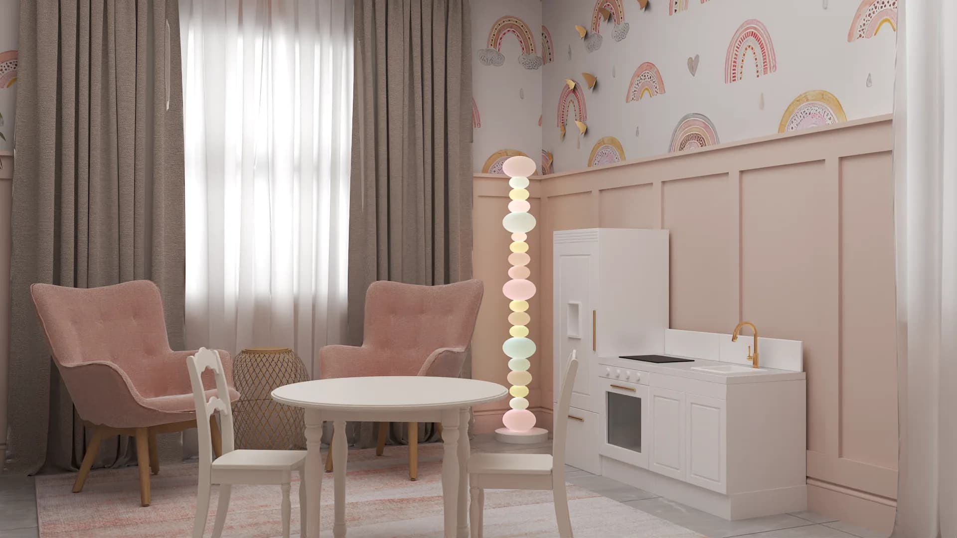 Taupe curtains framing pink chairs beside play table and white play kitchen with bubble lamp