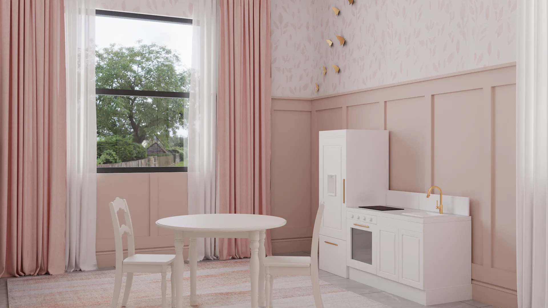 Pink curtains beside white play kitchen with gold faucet and butterfly wall decor