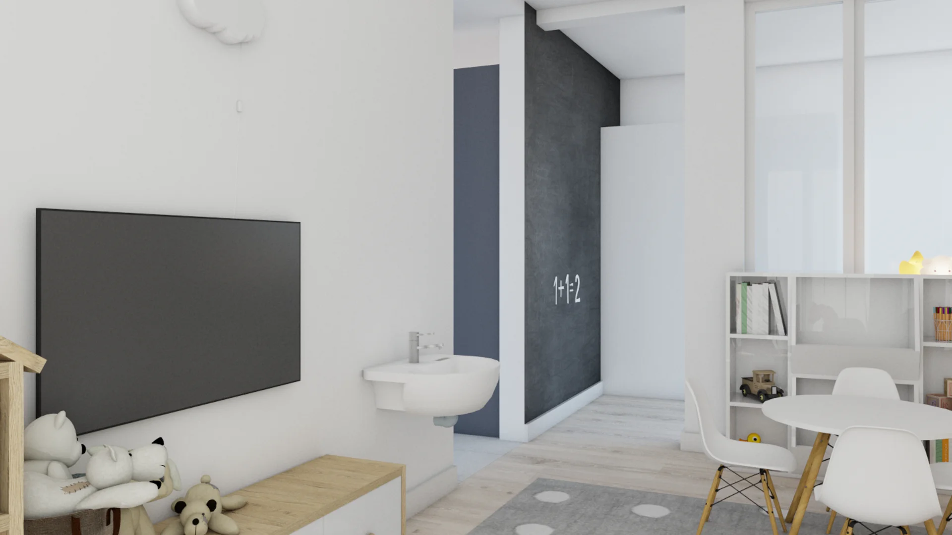 Playroom with charcoal chalkboard column, wall-mounted sink, and TV console with toy storage