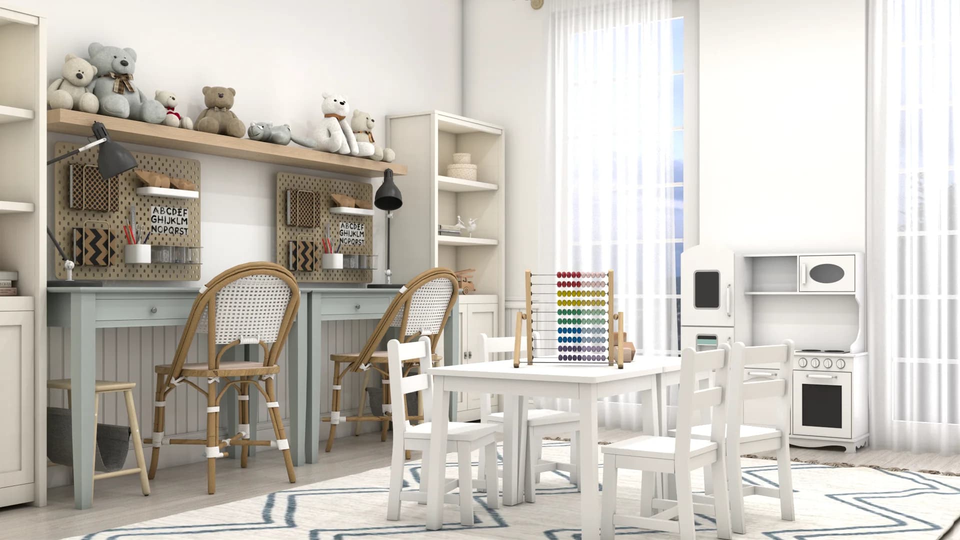 White playroom with sage craft desk, rattan chairs, teddy bears on shelves, and abacus on play table.