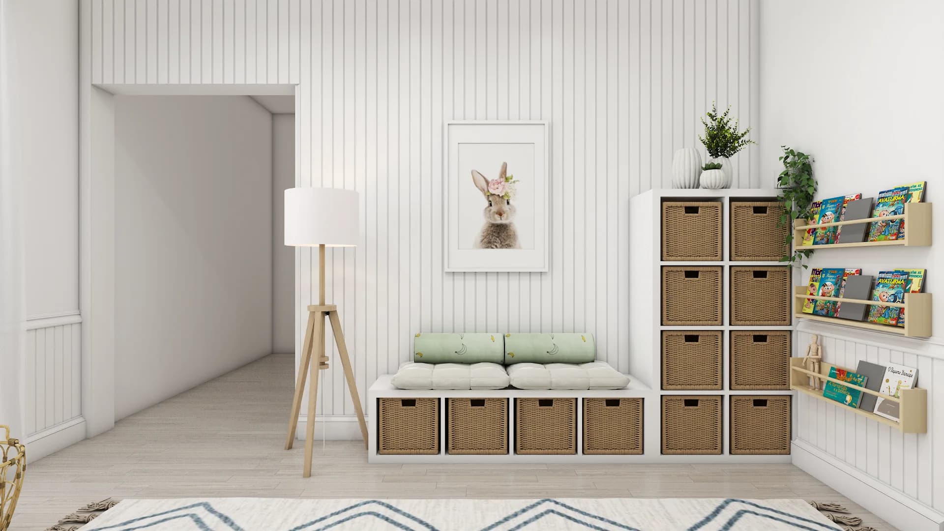 White shiplap playroom with cube storage, cushioned bench, and wall-mounted book ledges