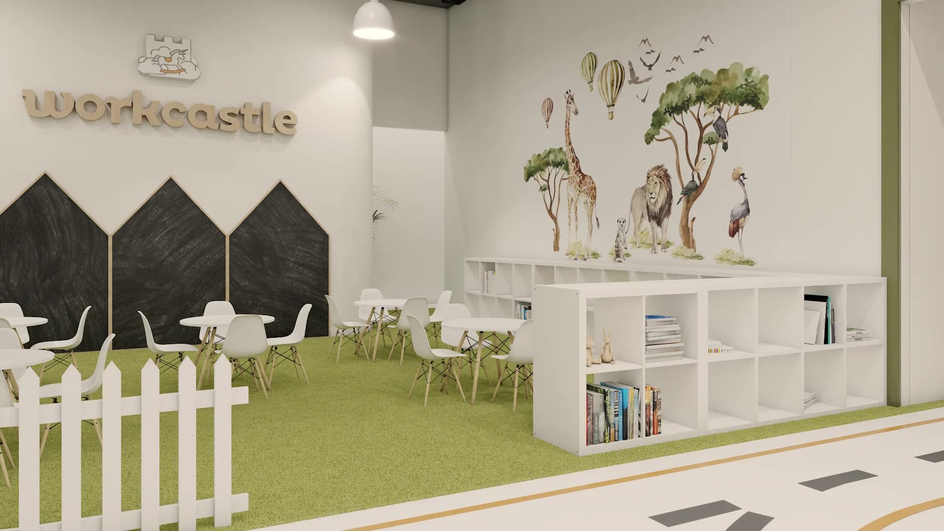 Chalkboard zone with house-shaped boards, Eames chairs, safari mural, and cubby divider